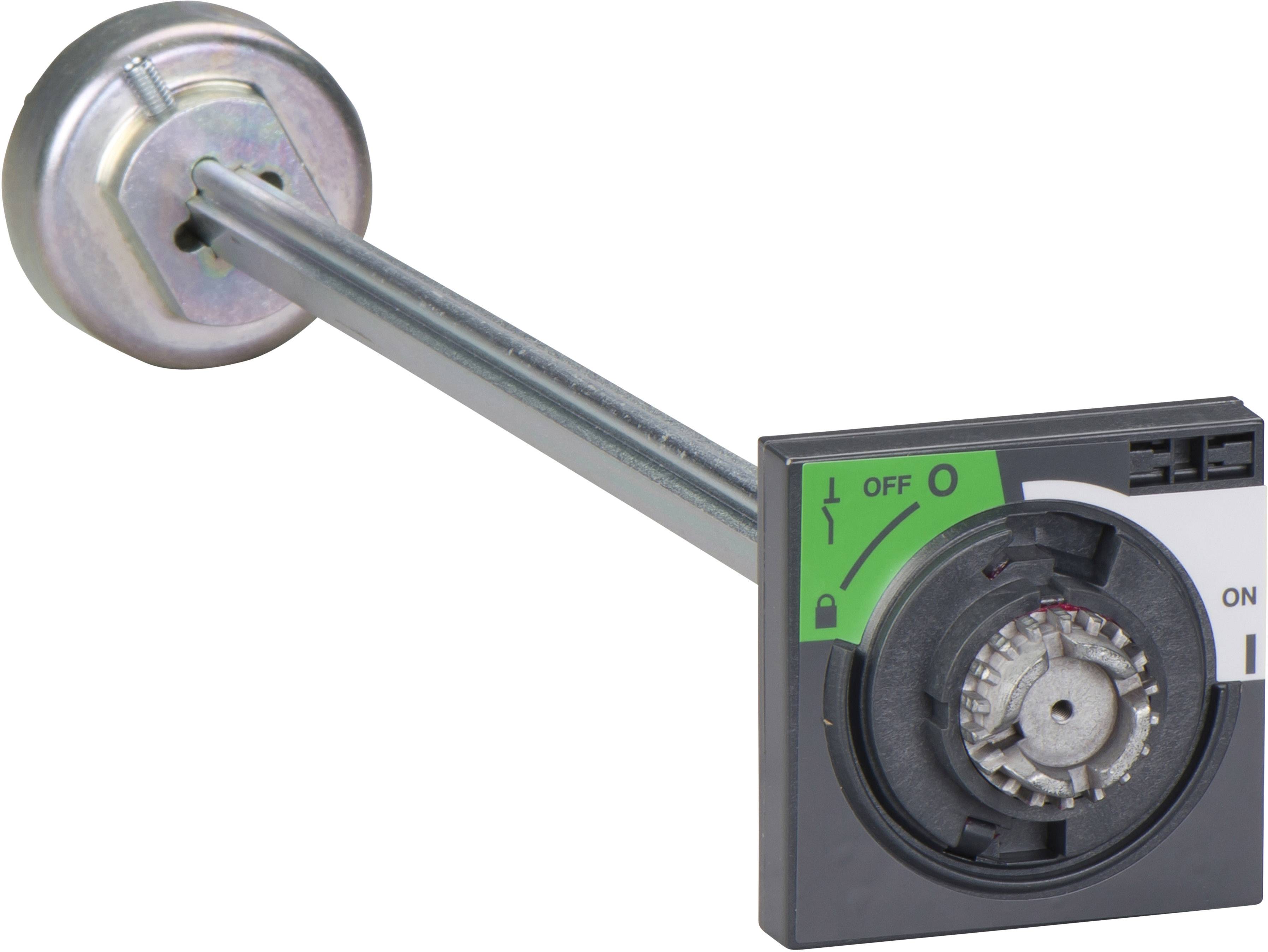 Drehschalter mit einer Metallachse. Der Schalter hat eine Aus-Position ('OFF') und eine Ein-Position ('ON') mit Pfeilsymbolen.