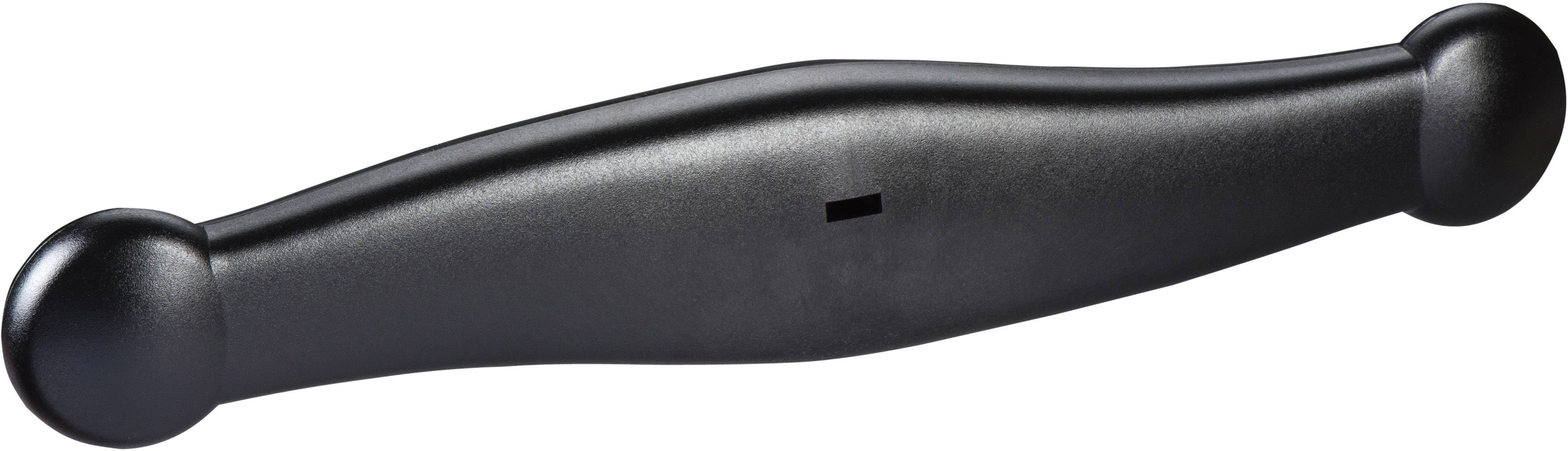 Schwarzer Griff in rechteckiger Form, leicht gebogen, geeignet für Türen oder Schubladen.