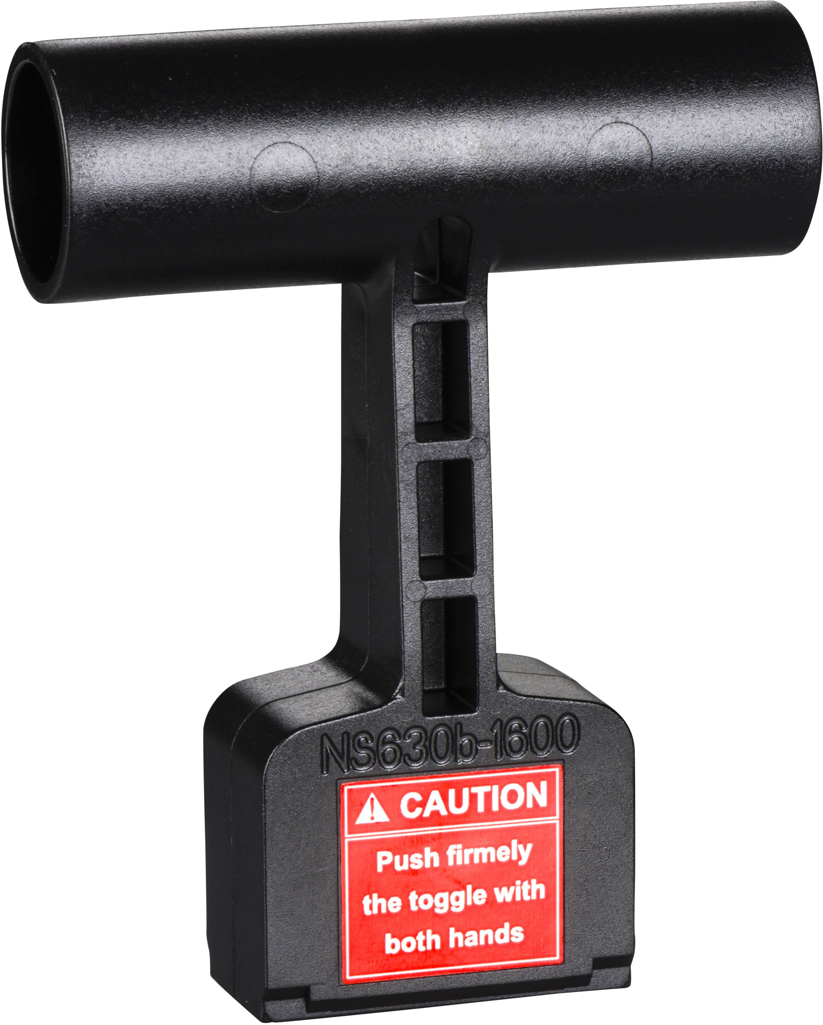 Schwarzer T-förmiger Griff mit rotem Warnhinweis 'CAUTION: Push firmly the toggle with both hands'.