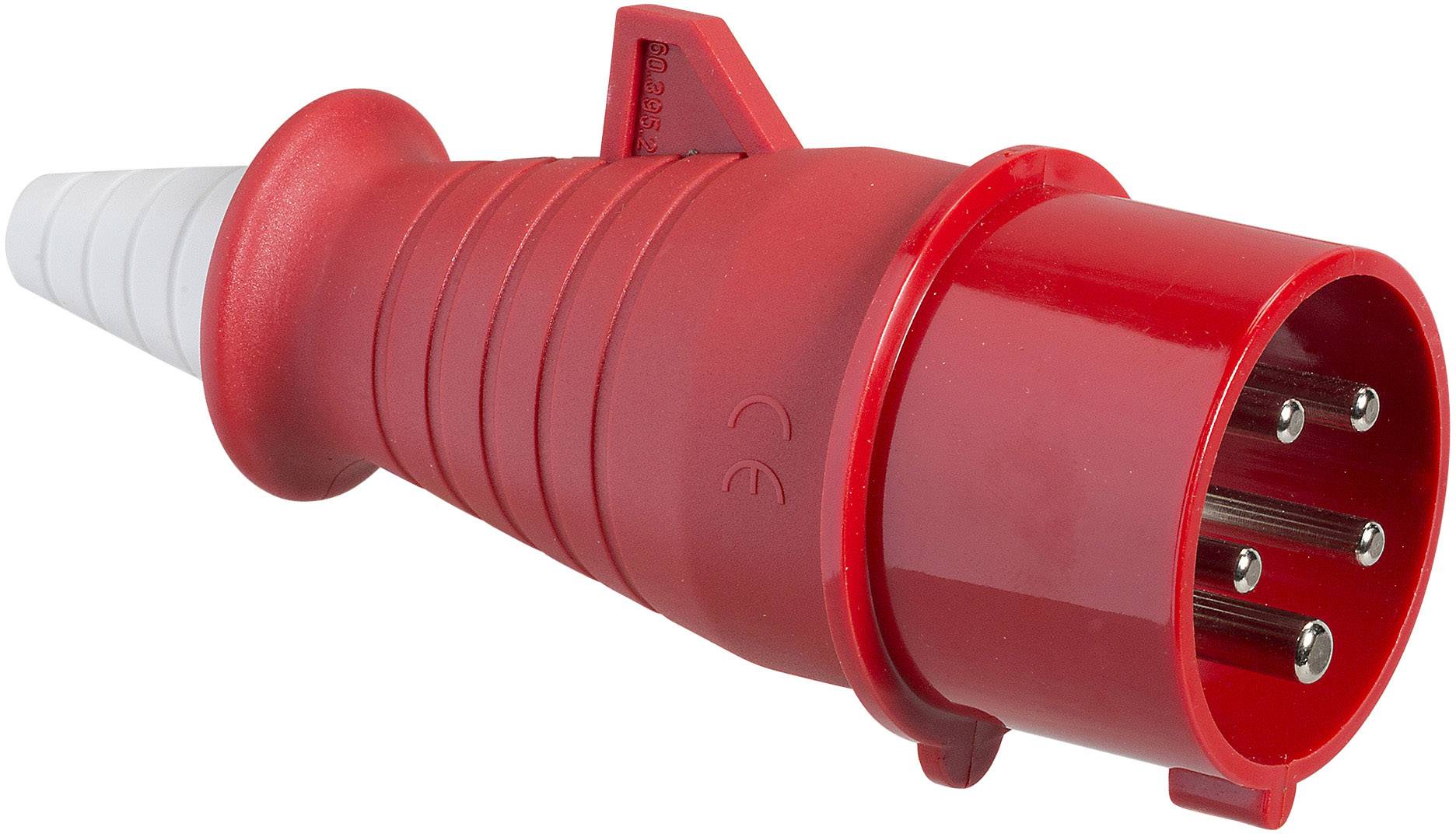 Roter CEE-Stecker mit drei Stiften für Starkstromverbindungen, geeignet für industrielle Anwendungen.