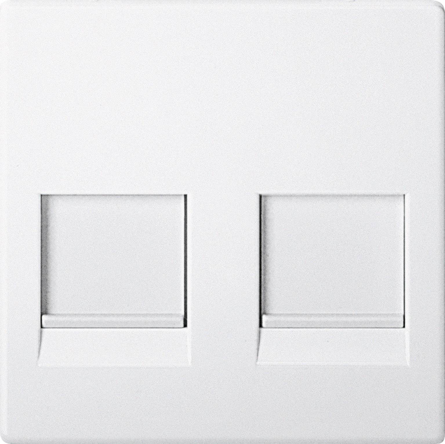 Eine weiße Doppelnetzwerkdose mit zwei leeren Ethernet-Anschlüssen auf einer weißen Wand.