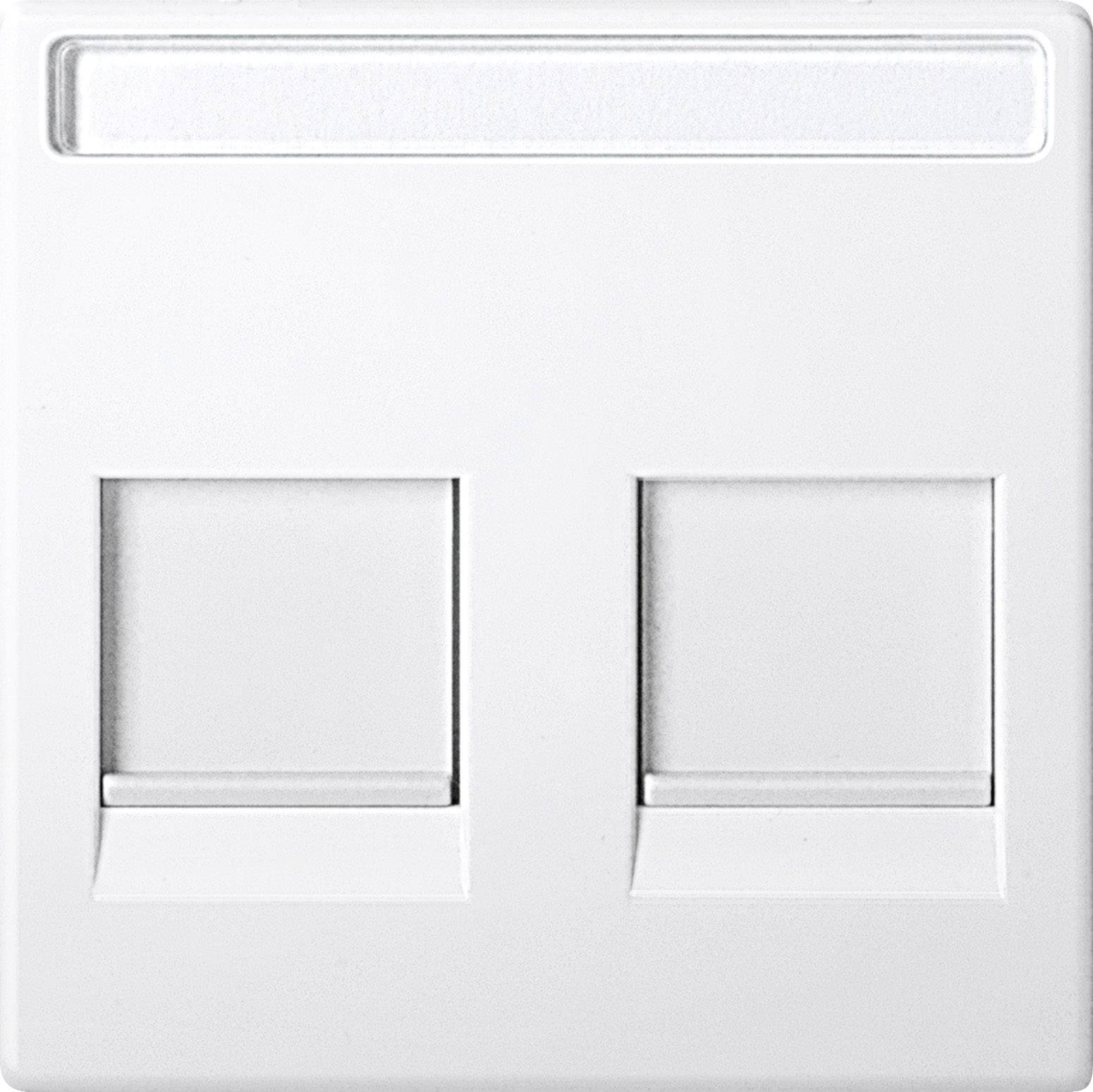 Weiße Doppel-Netzwerkdose mit zwei RJ45-Ports, geeignet für Ethernet-Verbindungen in Büros oder Zuhause.