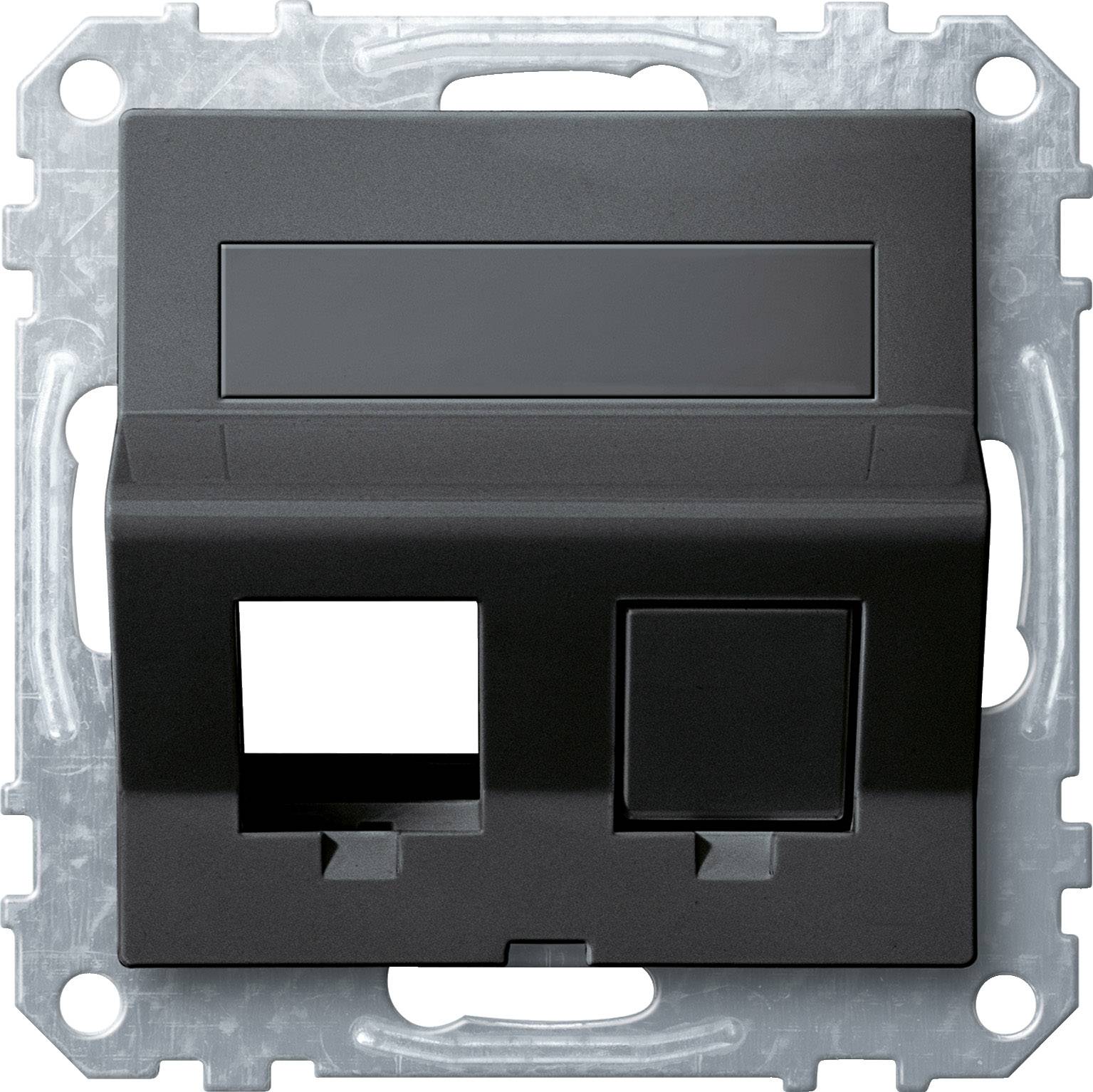 Ein schwarzes elektrisches Anschlussmodul mit zwei Öffnungen, geeignet für Netzwerk- oder Telefonverbindungen, vor einer grauen Metallhalterung.
