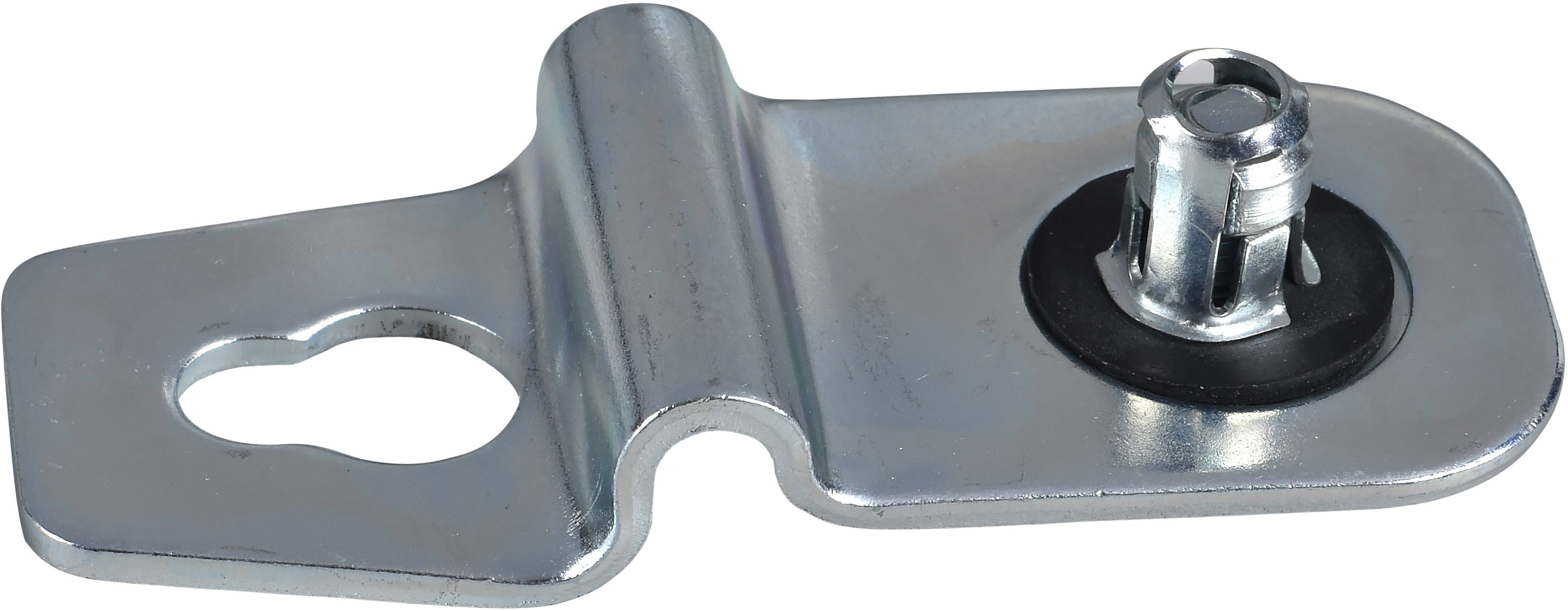 Metallklammer mit Loch für die Wandmontage, verbunden mit einem zylindrischen Stift, vermutlich zum Befestigen von Gegenständen.