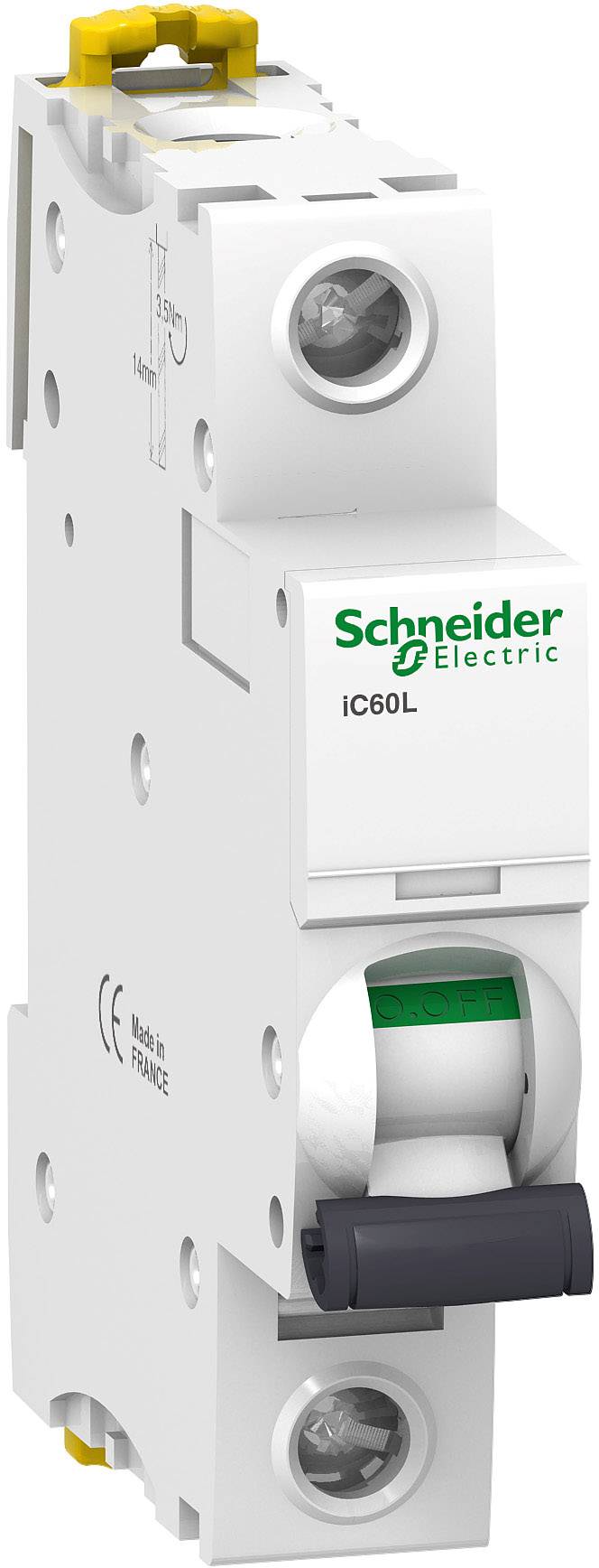 Ein weißer Leitungsschutzschalter von Schneider Electric mit der Aufschrift 'iC60L' und 'Made in France', montiert auf einer DIN-Schiene.