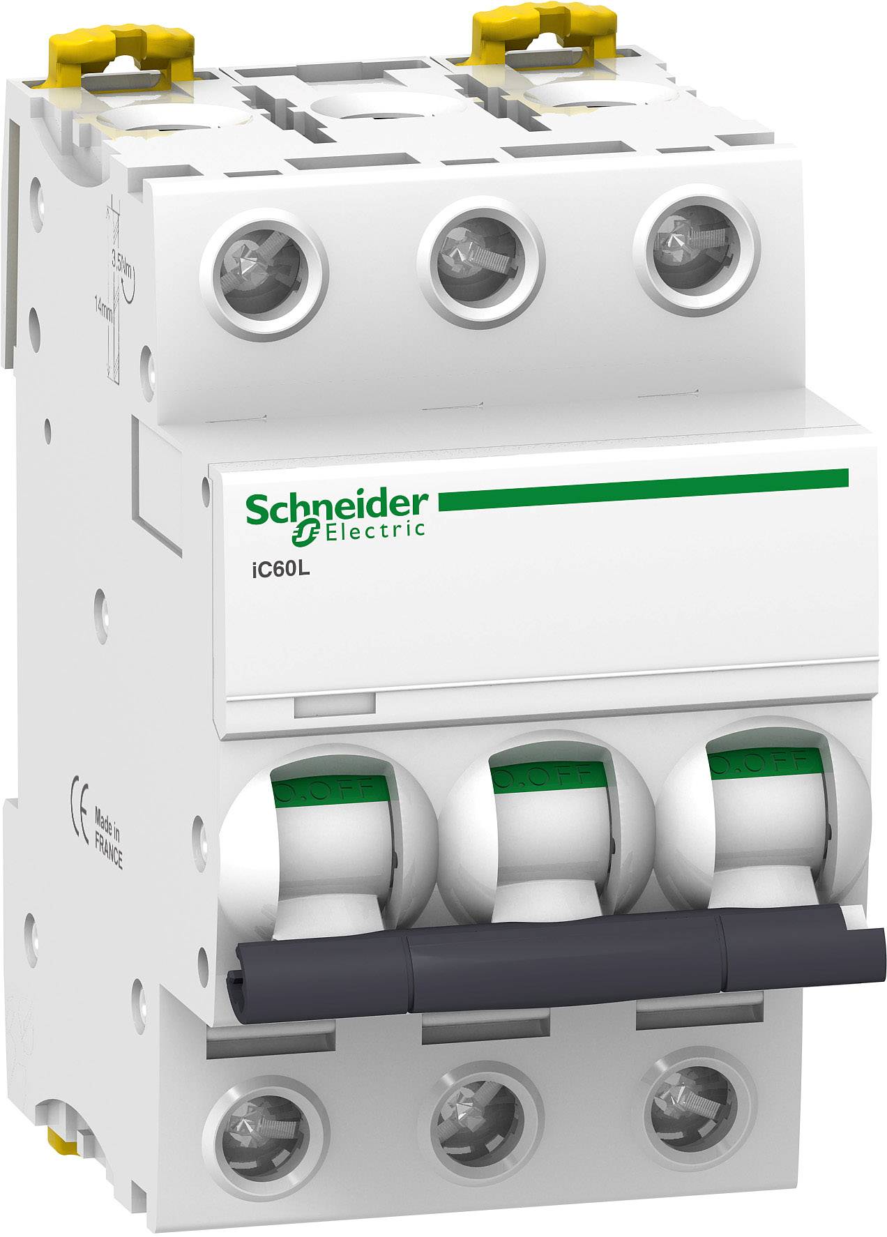 Dreiseitiger Schutzschalter von Schneider Electric iC60L mit drei Schaltern und Beschriftungen, geeignet für elektromagnetische Installationen.