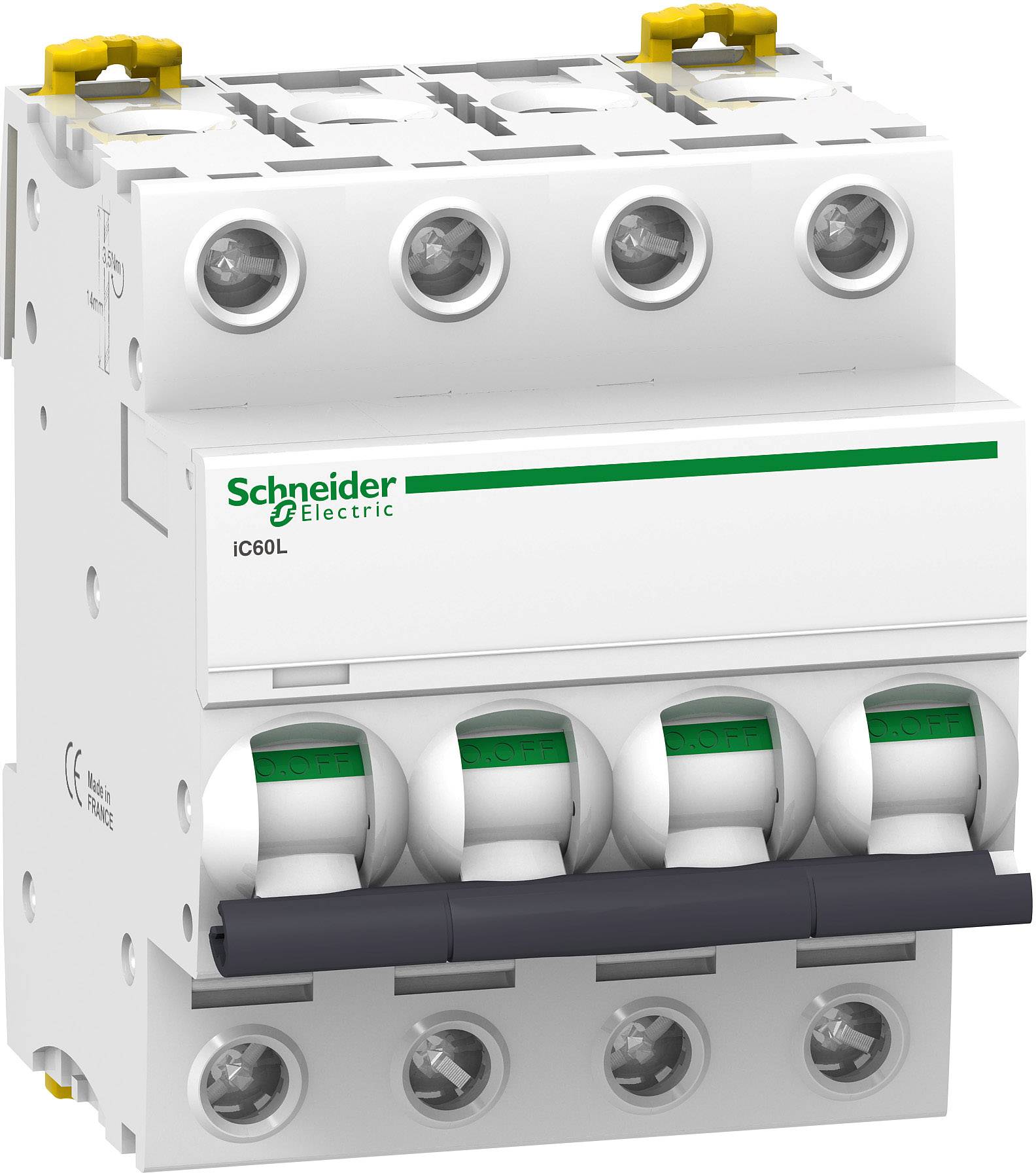 Ein vierpoliger Leitungsschutzschalter der Marke Schneider Electric, Modell iC60L, geeignet für den Einsatz in elektrischen Schaltschränken.
