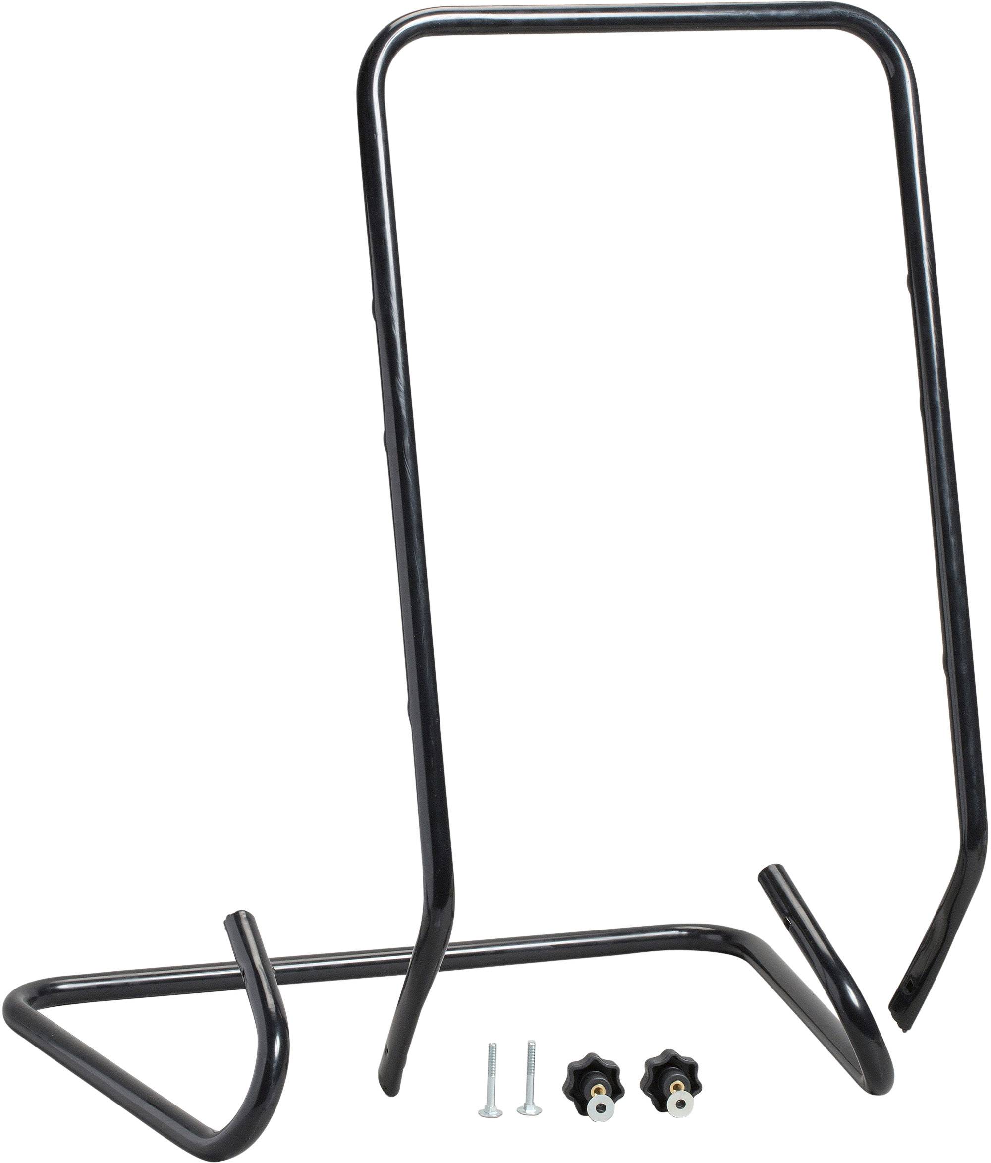 Schwarzer Metallständer für Fahrradmontage, enthalten sind zwei Schrauben und zwei Muttern zur Befestigung.