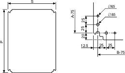 Technische Zeichnung eines rechteckigen Rahmens mit Maßen S und P, sowie Verbindungsdetails mit spezifischen Durchmessern und Abständen.