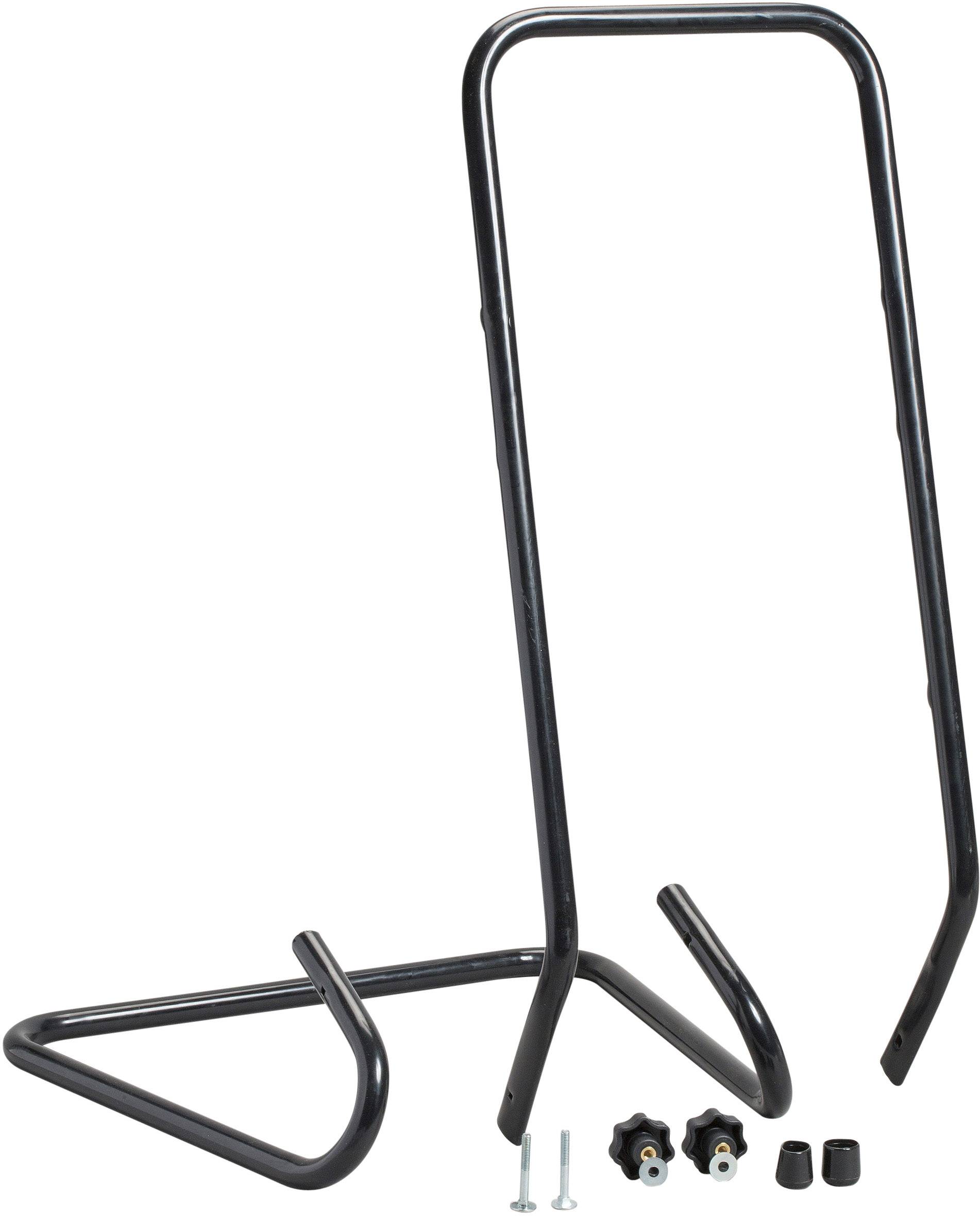 Fahrradständer aus schwarzem Metall mit zwei Halterungen zur Stabilisierung. Enthält zusätzlich Schrauben und Endkappen.