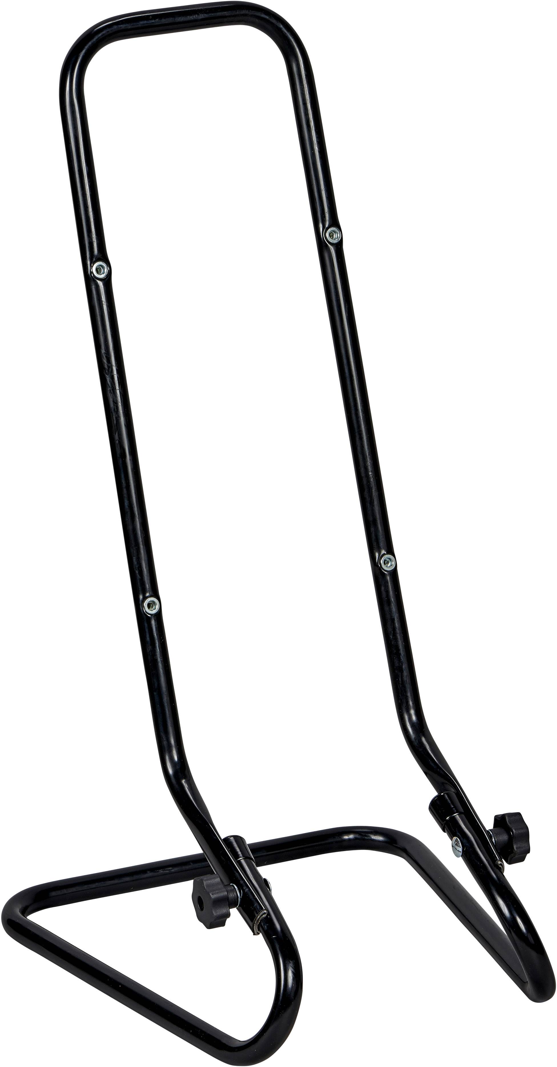 Schwarzer Fahrradständer aus Metall, freistehend, geeignet für die Aufnahme eines Fahrrads zur stabilen Aufbewahrung.