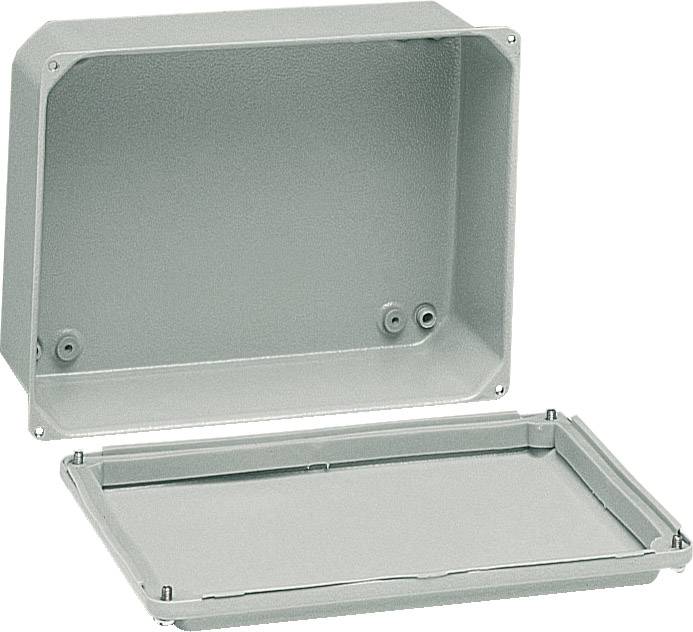 Metallisches Gehäuse mit abgenommenem Deckel, gezeigt in rechteckiger Form. Geeignet für den Schutz elektrischer Komponenten.