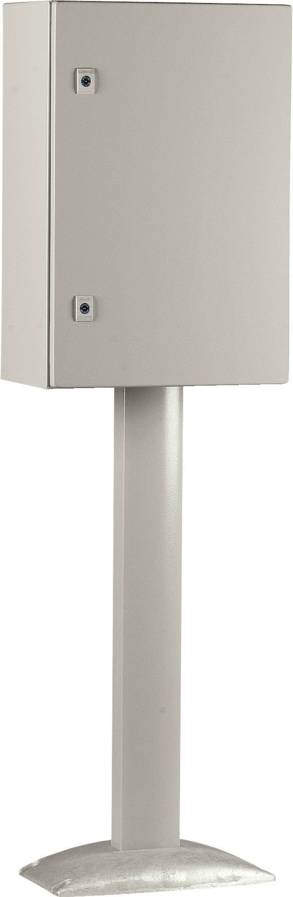 Grauer Schaltkasten auf einem Metallpfosten.