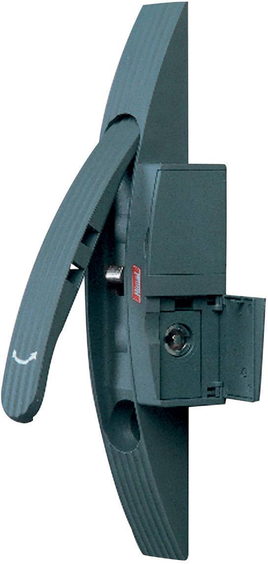Ein stilisierter Türgriff im Profil mit ergonomischer Form, dunkler Farbe und integriertem Schlossmechanismus, geeignet für moderne Türen.
