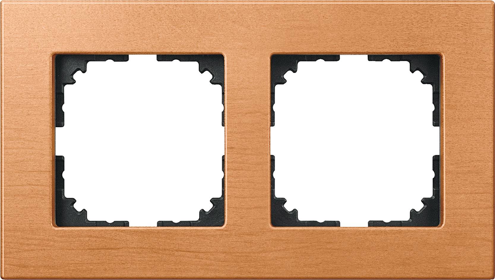 Doppelrahmen aus Holzoptik zur Montage von zwei Lichtschaltern oder Steckdosen, rechteckige Form, neutrale Dekoration.