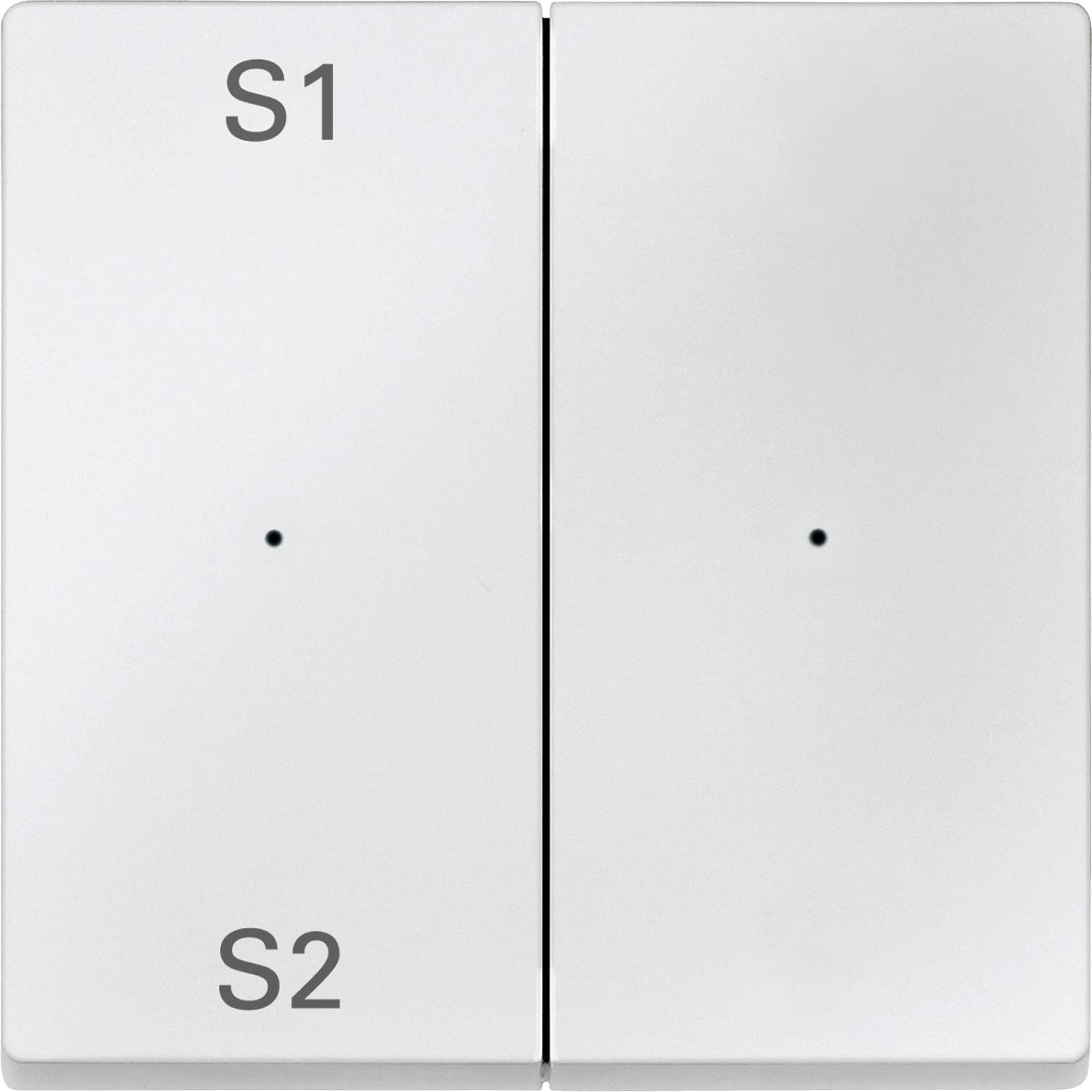 Zwei weiße Lichtschalter, jeweils mit einem Punkt in der Mitte. Links beschriftet mit 'S1' und unten mit 'S2'.