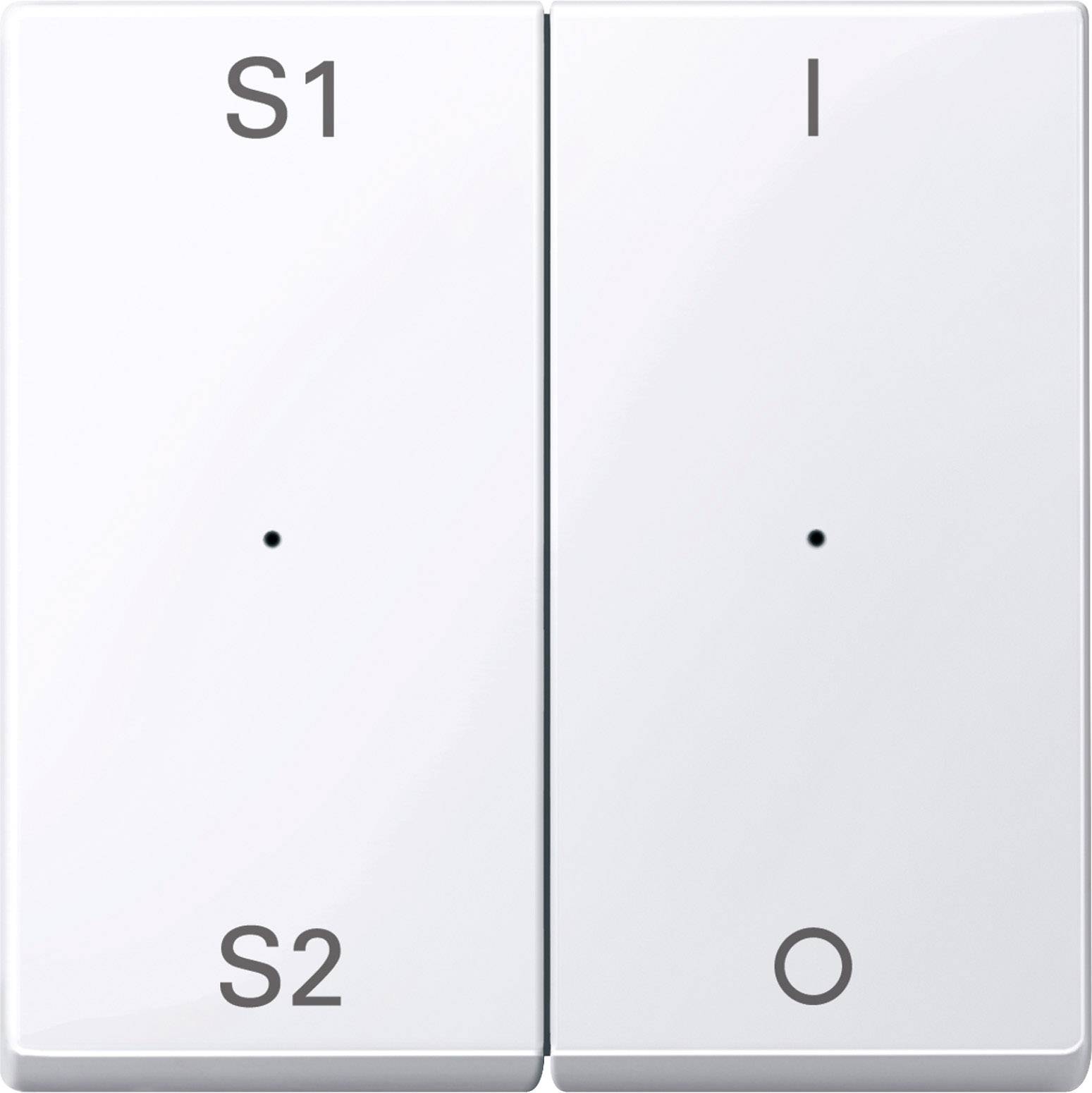 Weiße Wandschalter mit den Beschriftungen 'S1', 'S2', 'I' und 'O'.
