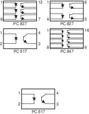 Elektrische Schaltpläne von vier verschiedenen PCs (PC 837, PC 827, PC 847, PC 817) mit Pfeilen, die Stromflussrichtungen zeigen.
