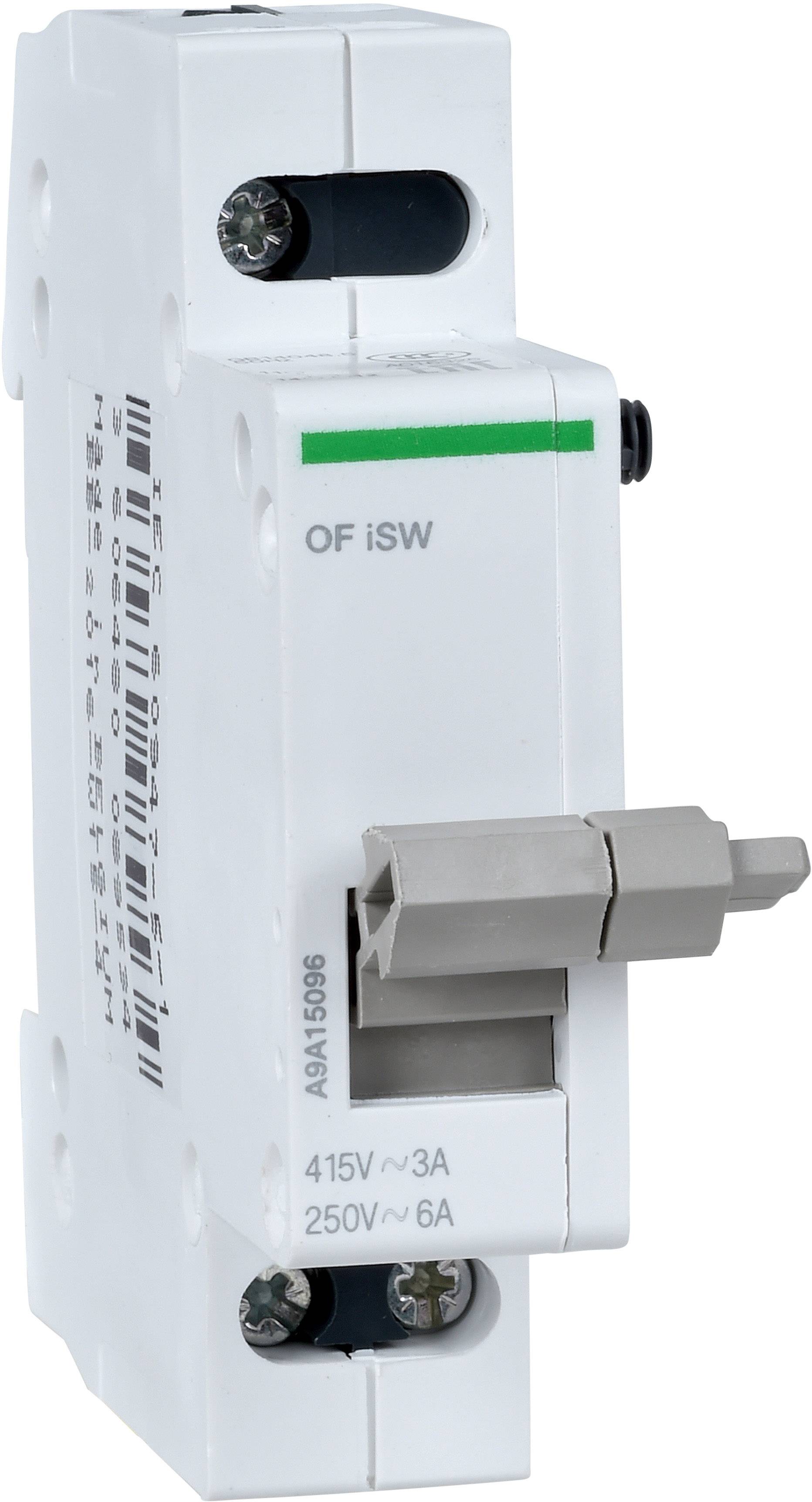 Ein weißer Leistungsschalter mit Kippschalter, bewertet für 415V~/3A und 250V~/6A. Verwendet zur Unterbrechung des Stromflusses.