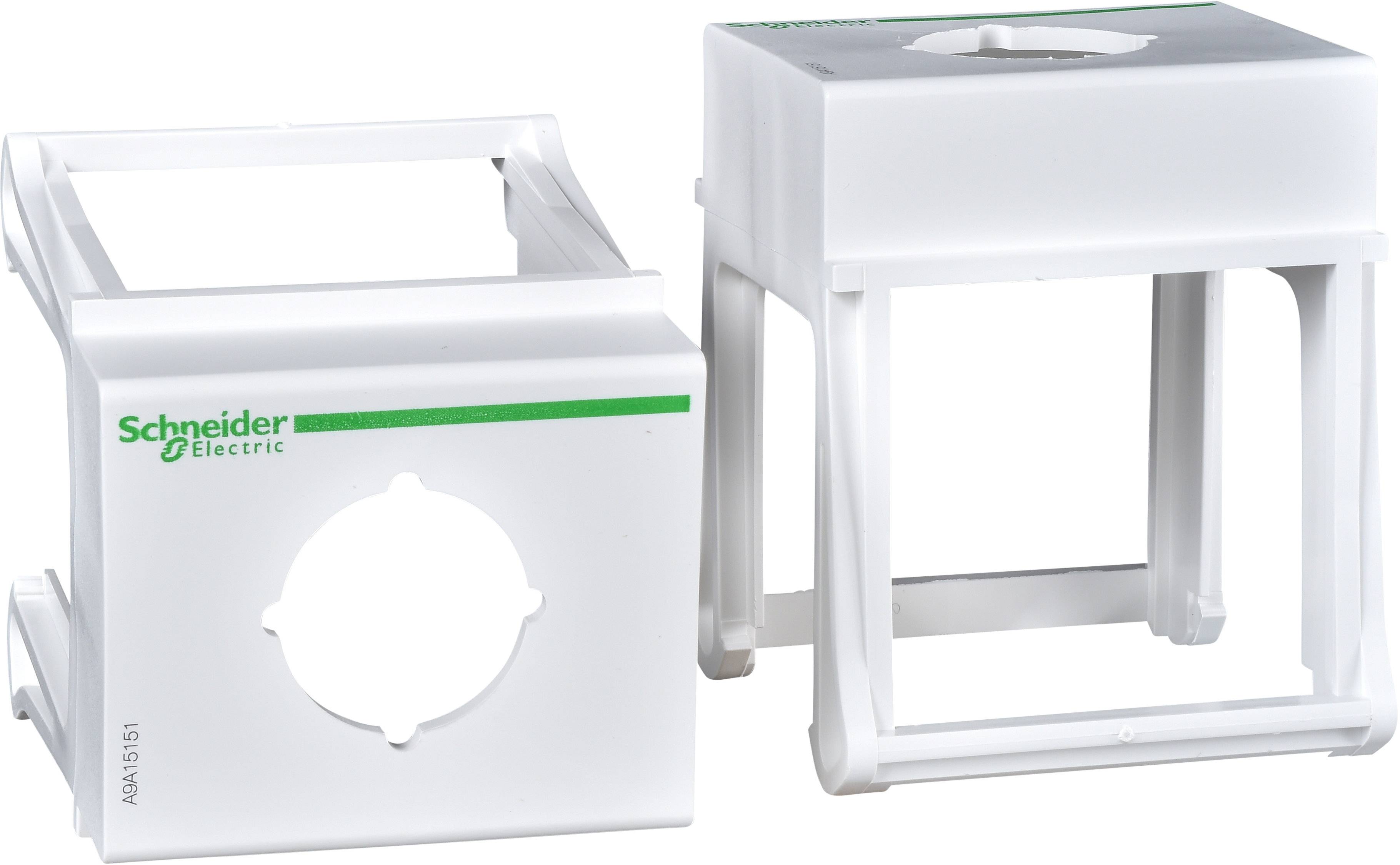 Zwei weiße elektrische Gehäuse von Schneider Electric, mit runden Ausschnitten für Schaltermontage, zeigen das Markenlogo.