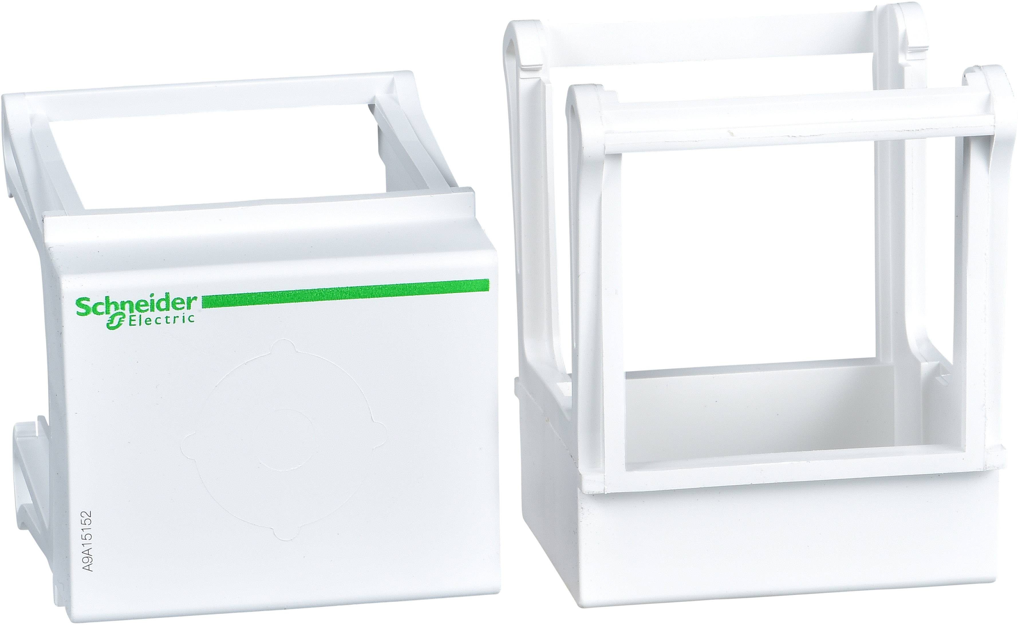 Kunststoffteile in Weiß, linkes Teil mit grünem 'Schneider Electric' Logo, möglicherweise Gehäuse oder Halterungen.