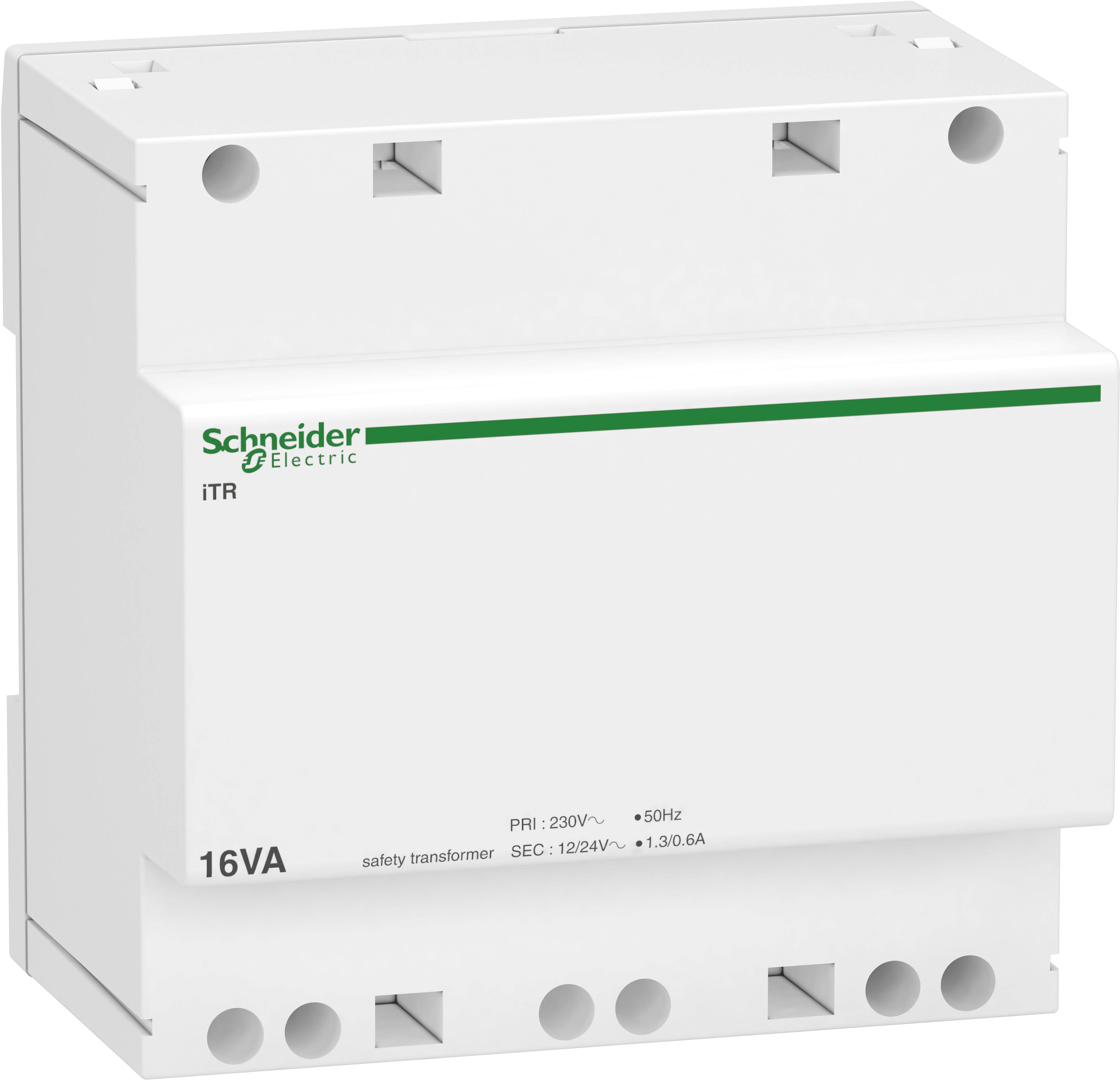 Ein weißer Schaltschrankbauteil von Schneider Electric, iTR-Serie. Zeigt technische Spezifikationen für 16VA, 230V Primär und 12/24V Sekundär.
