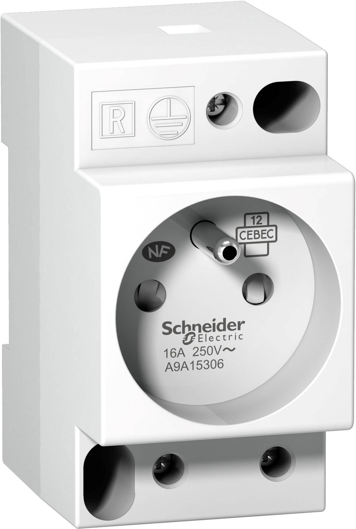 Ein weißes elektrisches Bauteil von Schneider Electric, zertifiziert für 16A 250V. Es hat Anschlussöffnungen und ist CE-zertifiziert.