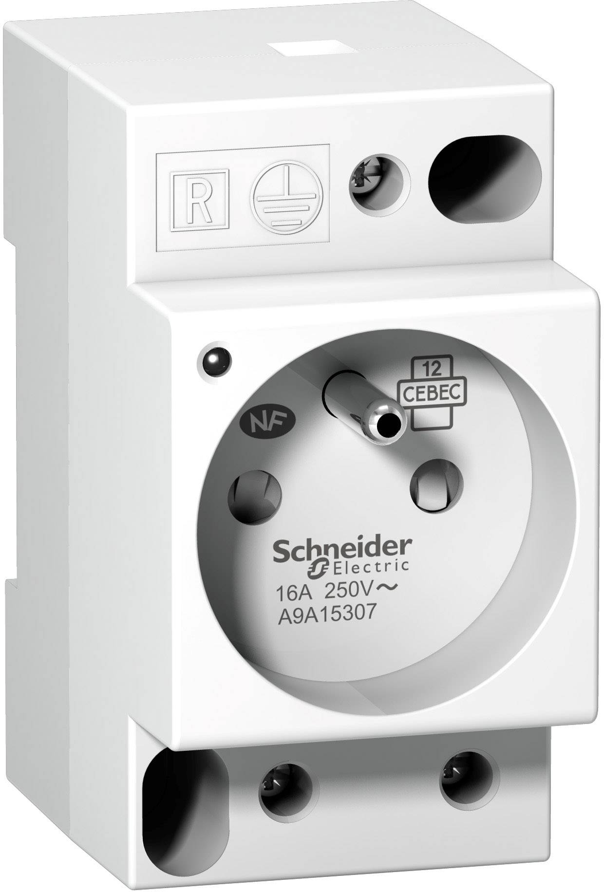 Einastzgerät einer elektrischen Schutzvorrichtung von Schneider Electric, für 16A und 250V, mit zwei runden Steckplätzen und Erdung.