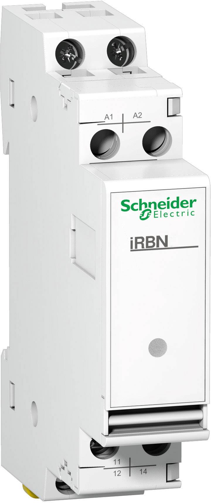 Ein weißer elektrischer Schalter mit der Aufschrift 'Schneider Electric iRBN', zwei Schrauben oben und vier Anschlussklemmen unten.