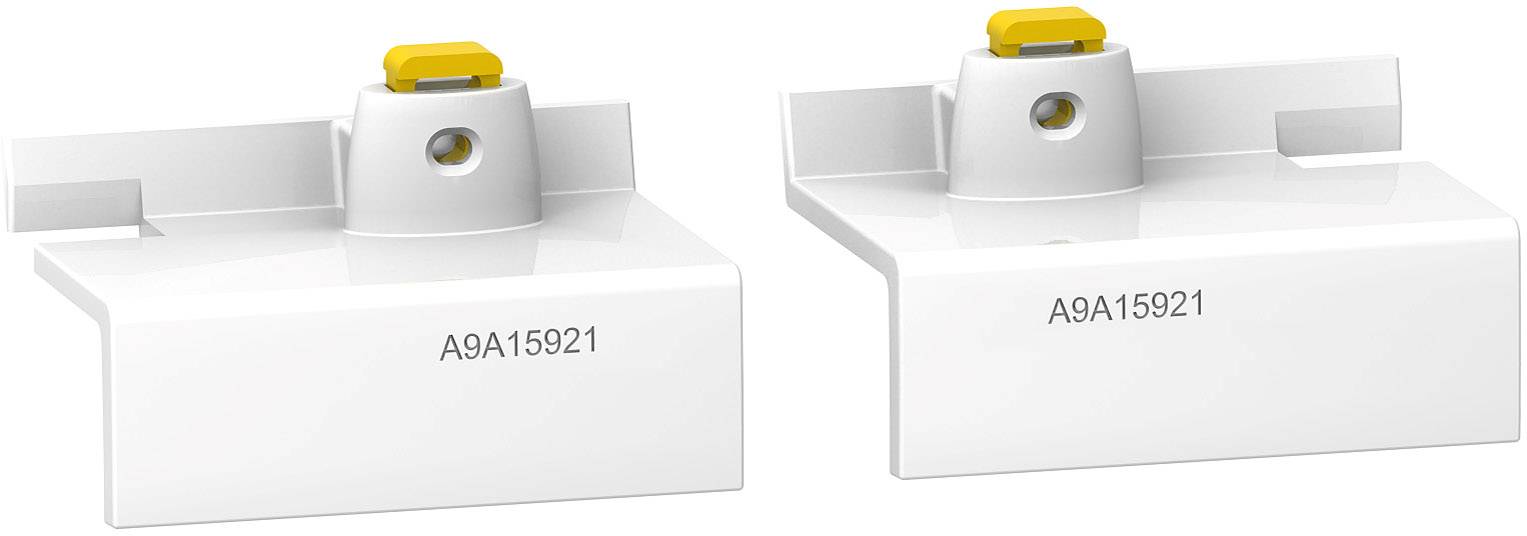 Zwei weiße Kunststoffteile mit gelbem Element oben, nebeneinander platziert, mit der Beschriftung 'A9A15921'.