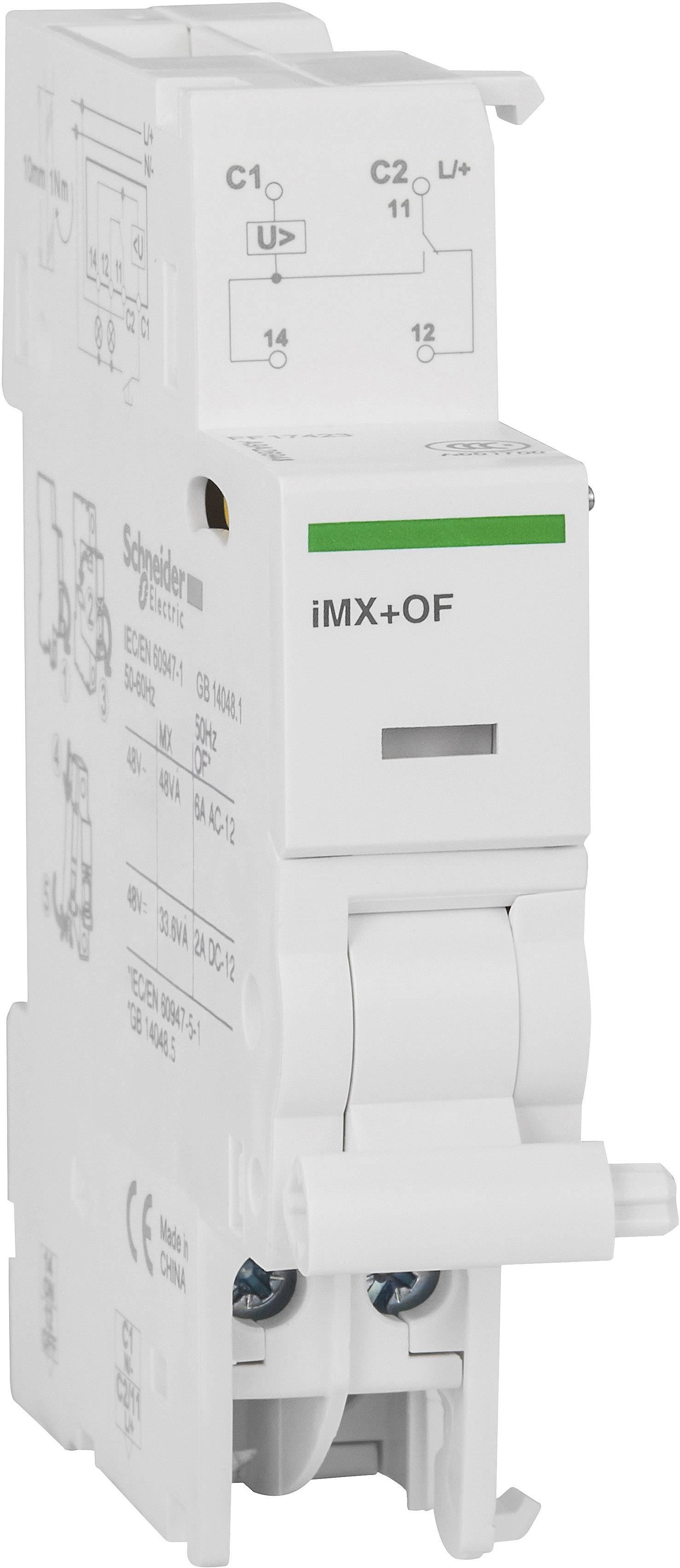 Ein weißer elektrischer Leistungsschalter von Schneider Electric mit der Aufschrift 'iMX+OF', zur Steuerung von Stromkreisen geeignet.