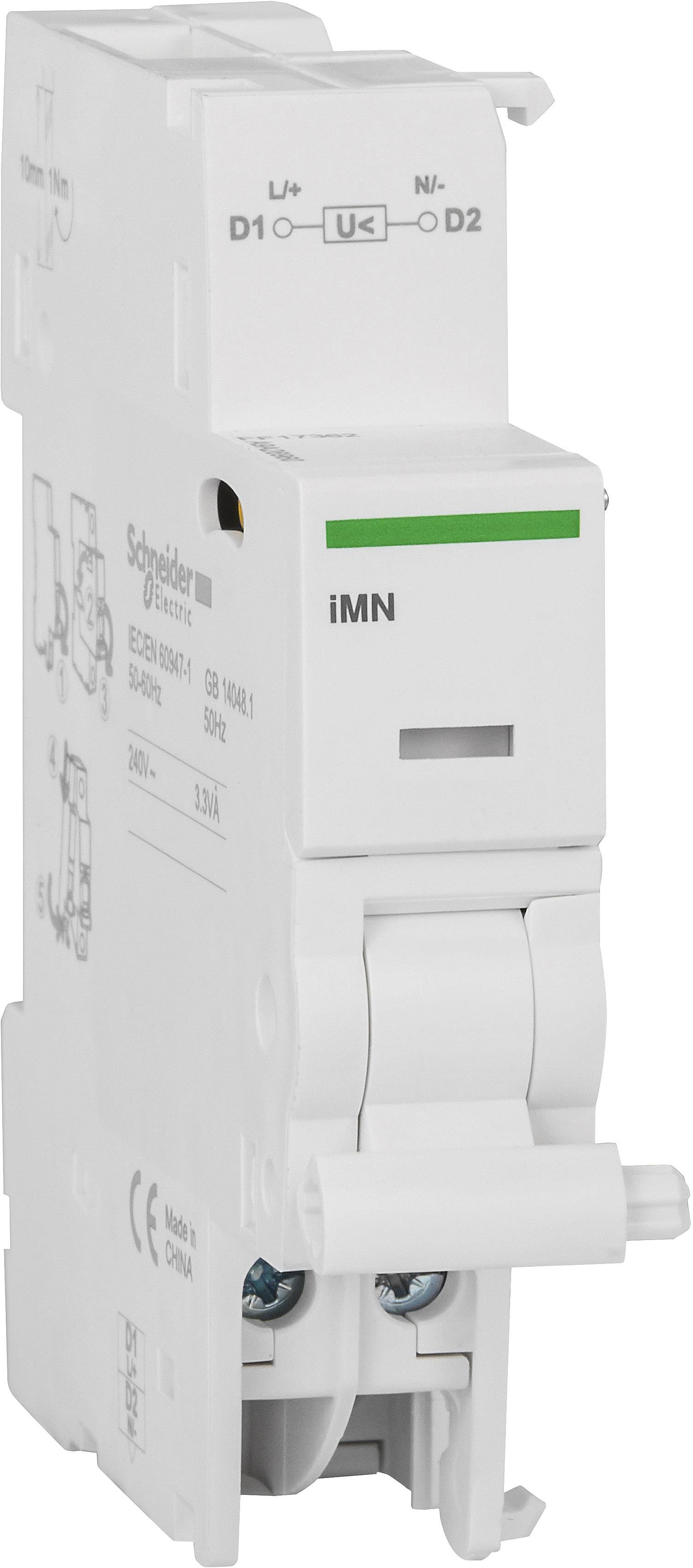 Ein weißer elektrischer Modulschalter der Marke Schneider Electric, beschriftet mit 'iMN', zur Steuerung von Stromkreisen in Schaltschränken.