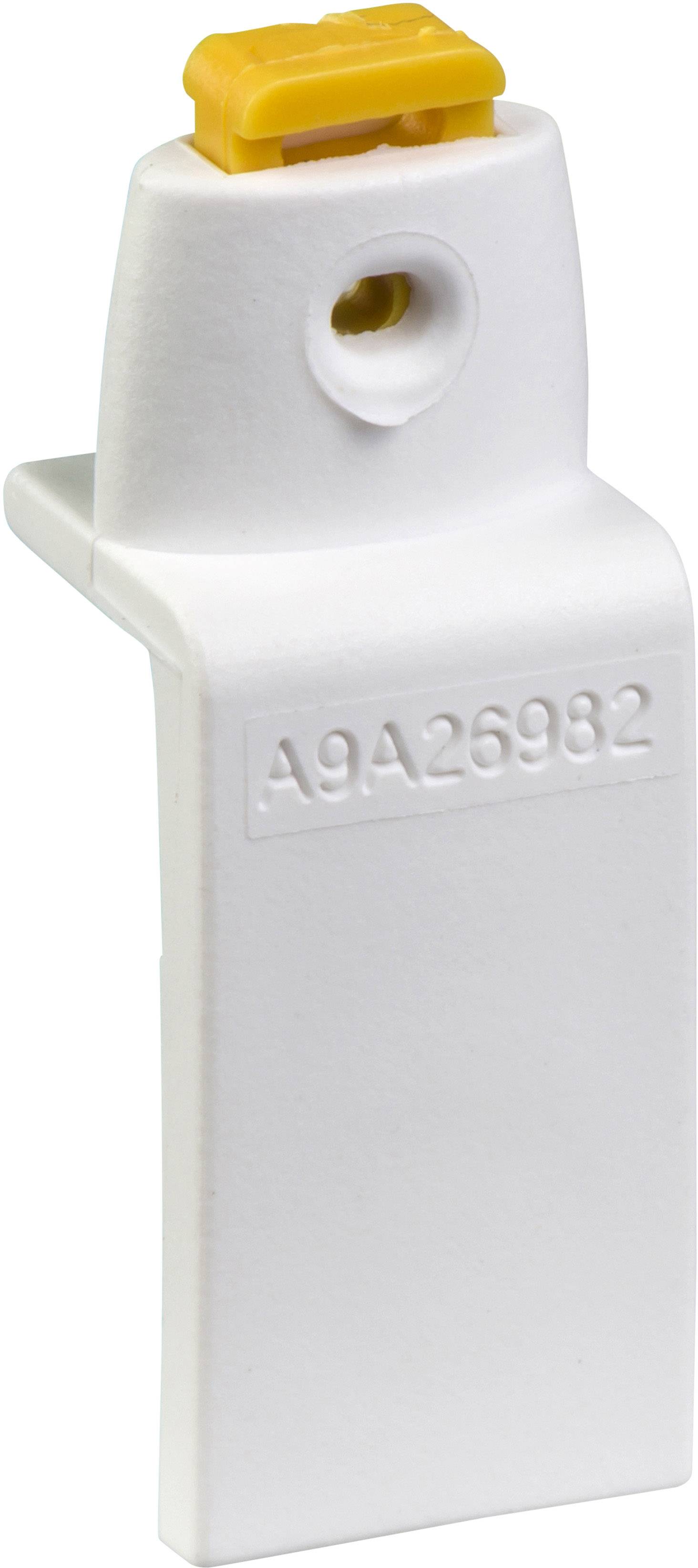 Ein weißer Plastikclip mit gelber Oberseite und der Aufschrift 'A9A26982'.