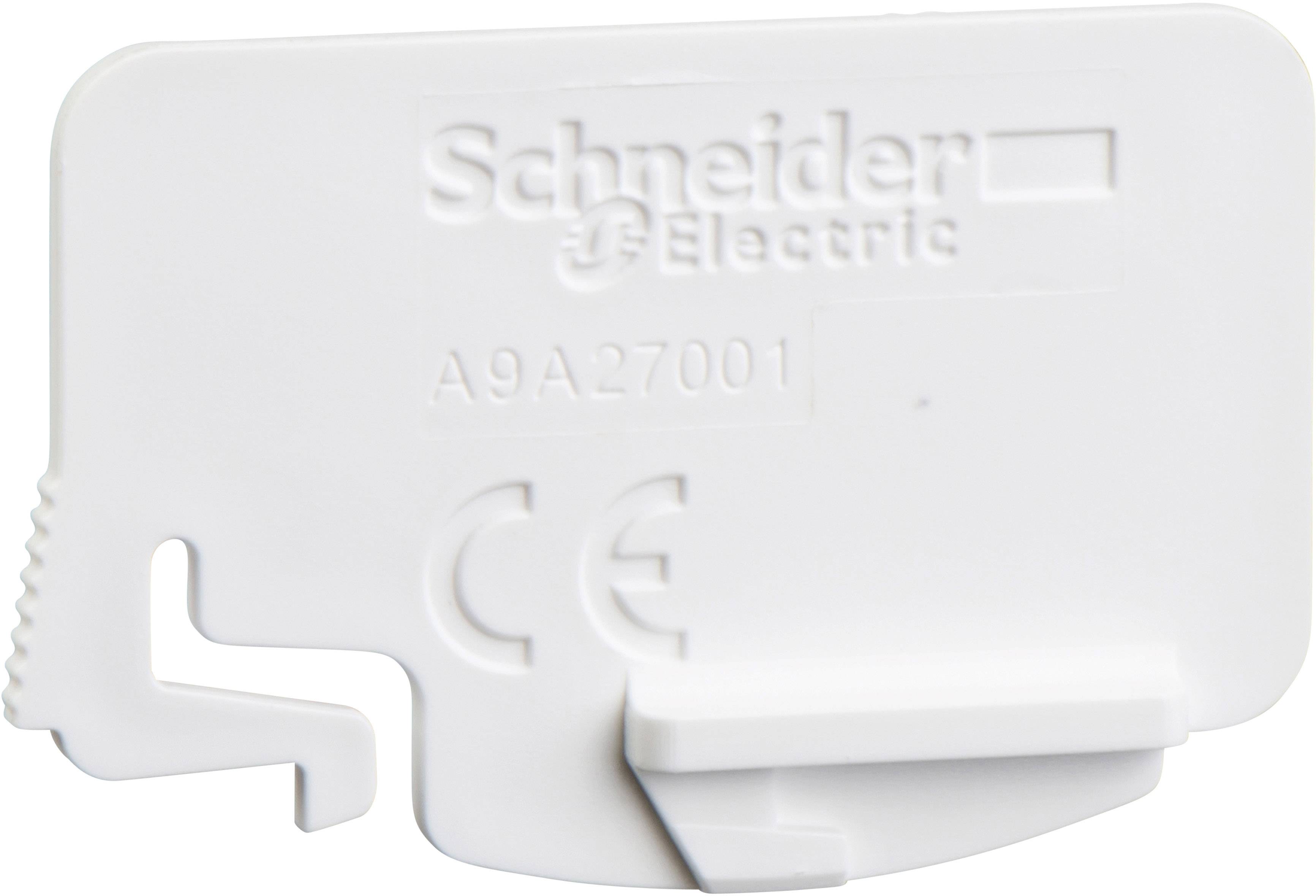 Weiße Abdeckung von Schneider Electric mit CE-Zeichen und der Seriennummer A9A27001.