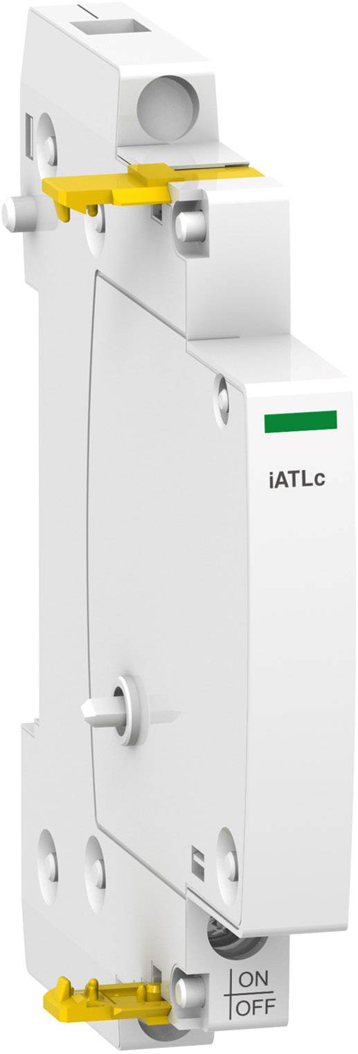 Ein weißer elektrischer Leistungsschalter mit der Aufschrift 'iATLc' und einem Schalter unten mit den Optionen 'ON' und 'OFF'.