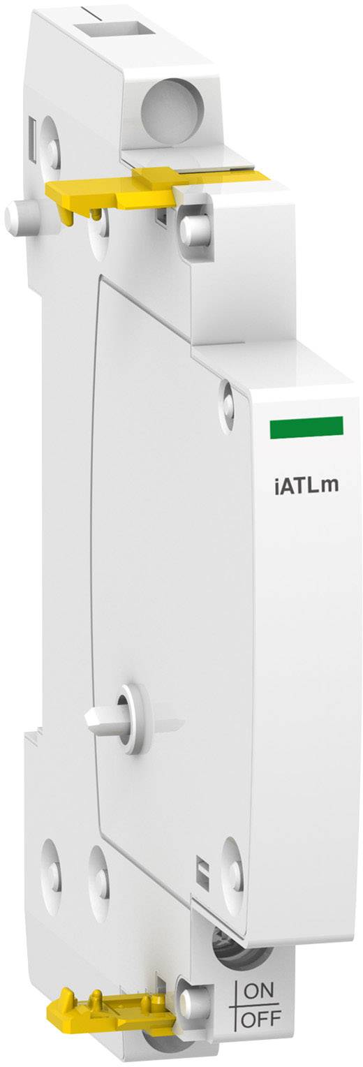 Schmaler weißer elektrischer Schalter mit gelben Befestigungsteilen und ON/OFF Markierungen, vermutlich für industrielle Anwendungen.