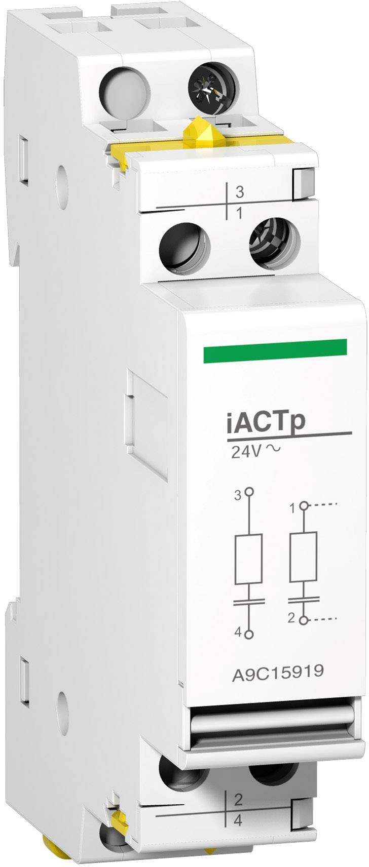 Ein weißer automatischer Schalter des Modells iACTp, mit Aufdruck '24V' und Schaltschema.