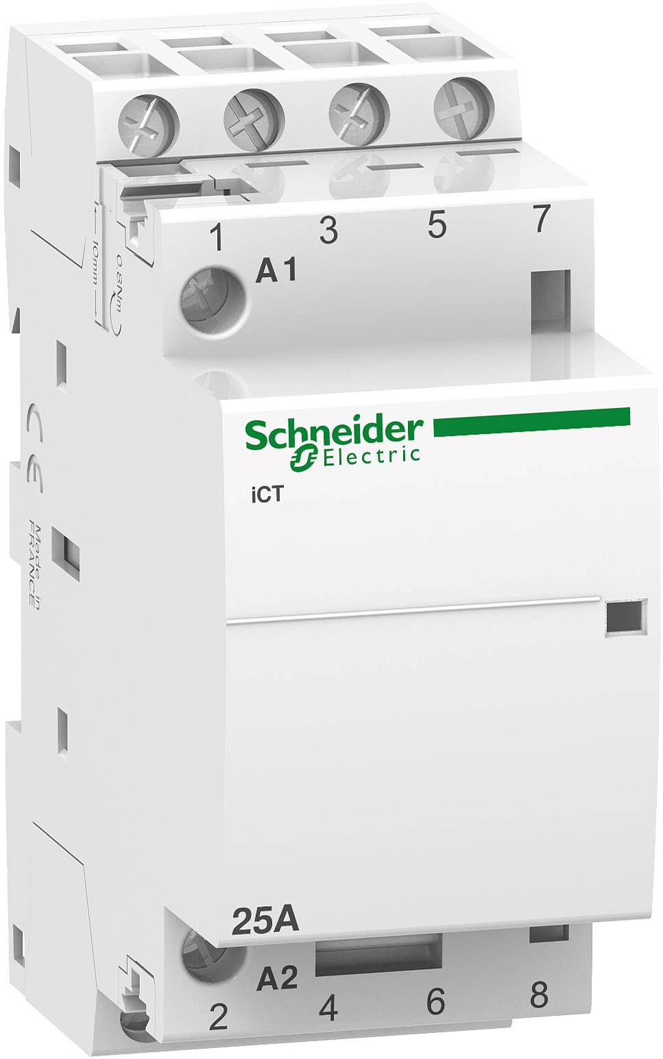 'Schneider Electric iCT' Markenname auf weißem elektrischen Schaltgerät mit mehreren Schraubklemmen, für professionelle Elektroinstallationen.