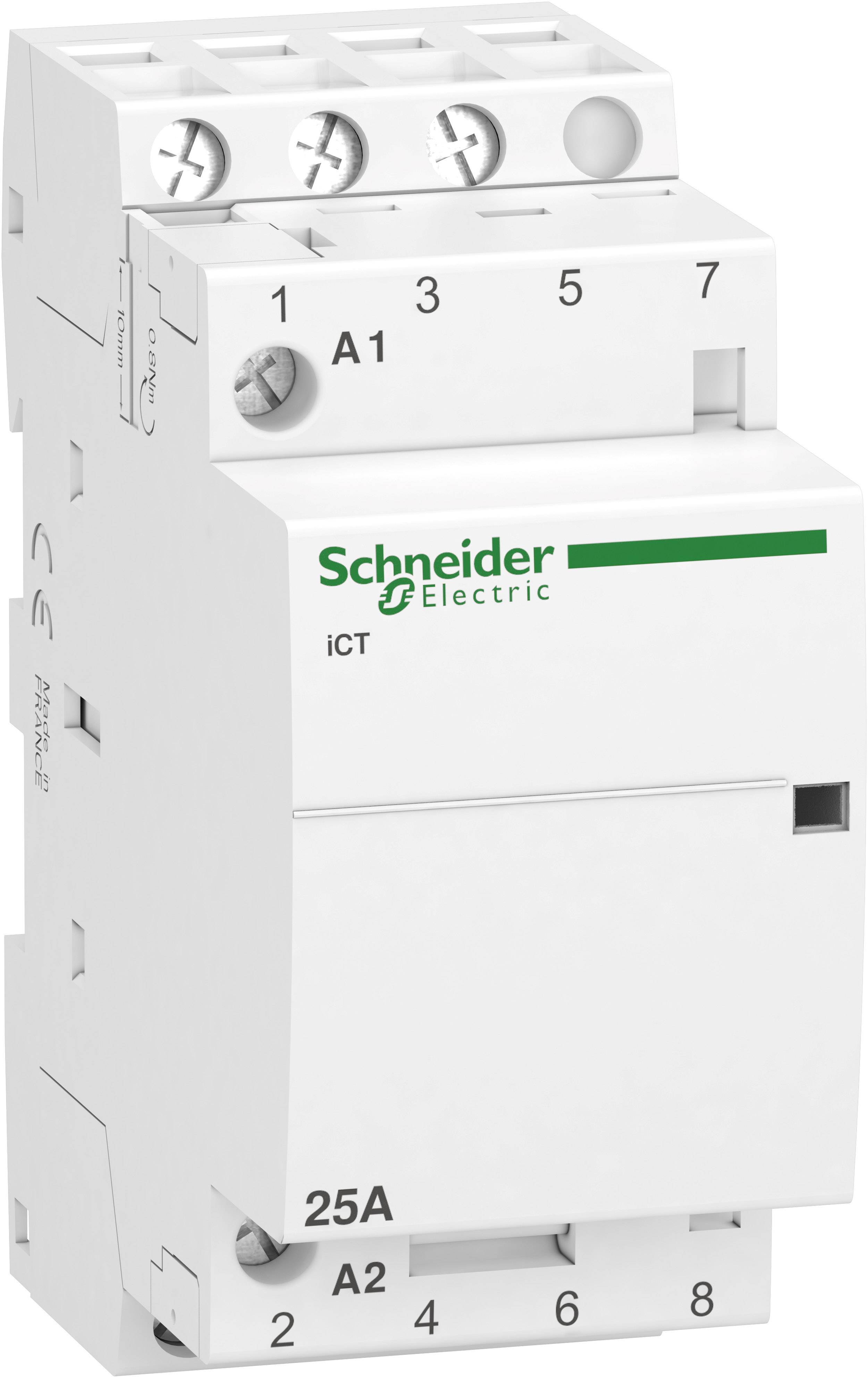 Ein weißes elektrisches Schütz von Schneider Electric, Modell iCT, mit einer Nennstromstärke von 25A, seitlich abgebildet.