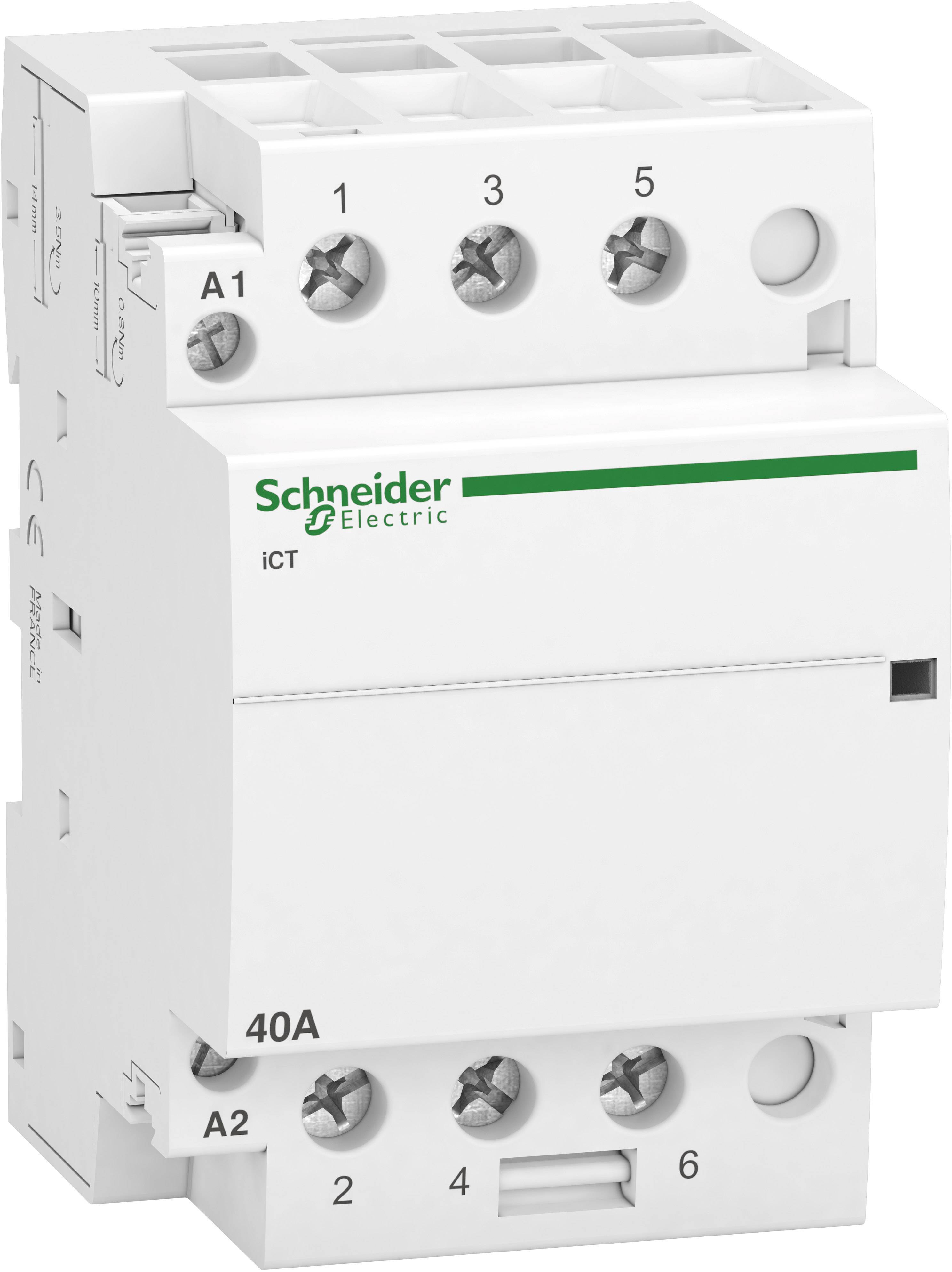 Ein weißer Leistungsschalter mit der Aufschrift 'Schneider Electric iCT', beschriftet mit Anschlüssen A1, A2, 1, 2, 3, 4, 5, 6 und 40A.
