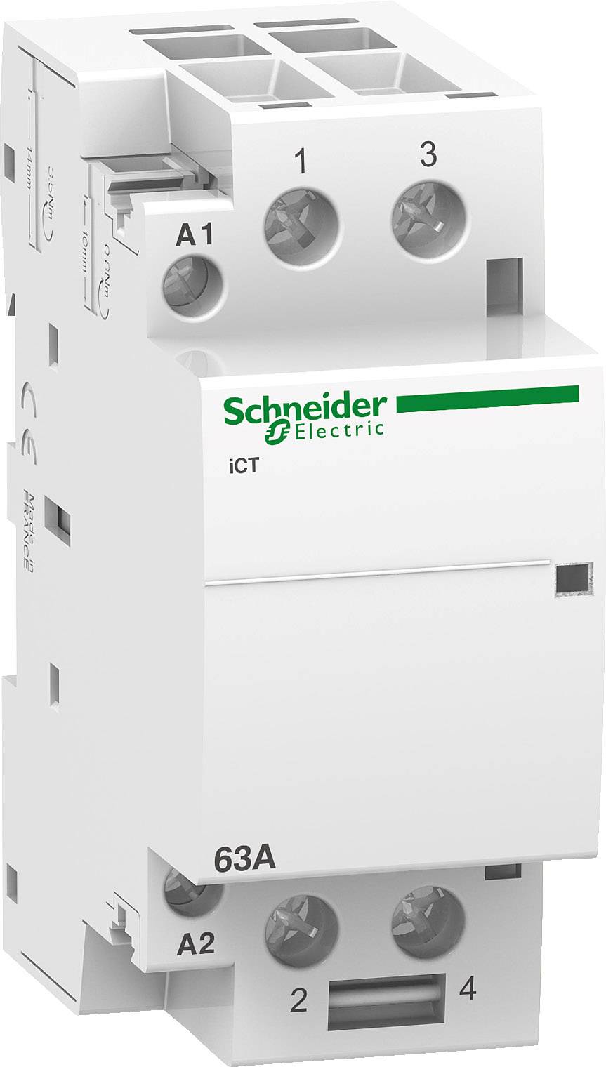 Ein weißer Leitungsschalter von Schneider Electric mit mehreren Anschlüssen, Modell 'iCT', beschriftet mit '63A'.