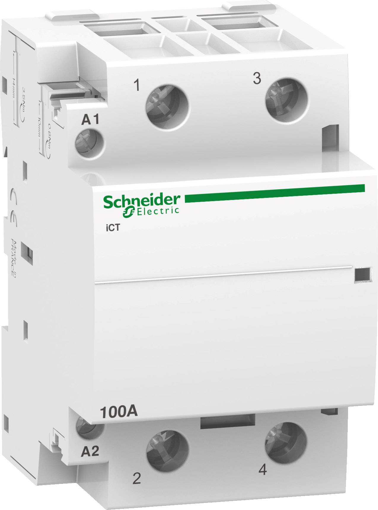 Ein weißer Schneider Electric iCT Schütz, geeignet für Steuerung von elektrischen Lasten. Modelldetails und Anschlüsse sind sichtbar.