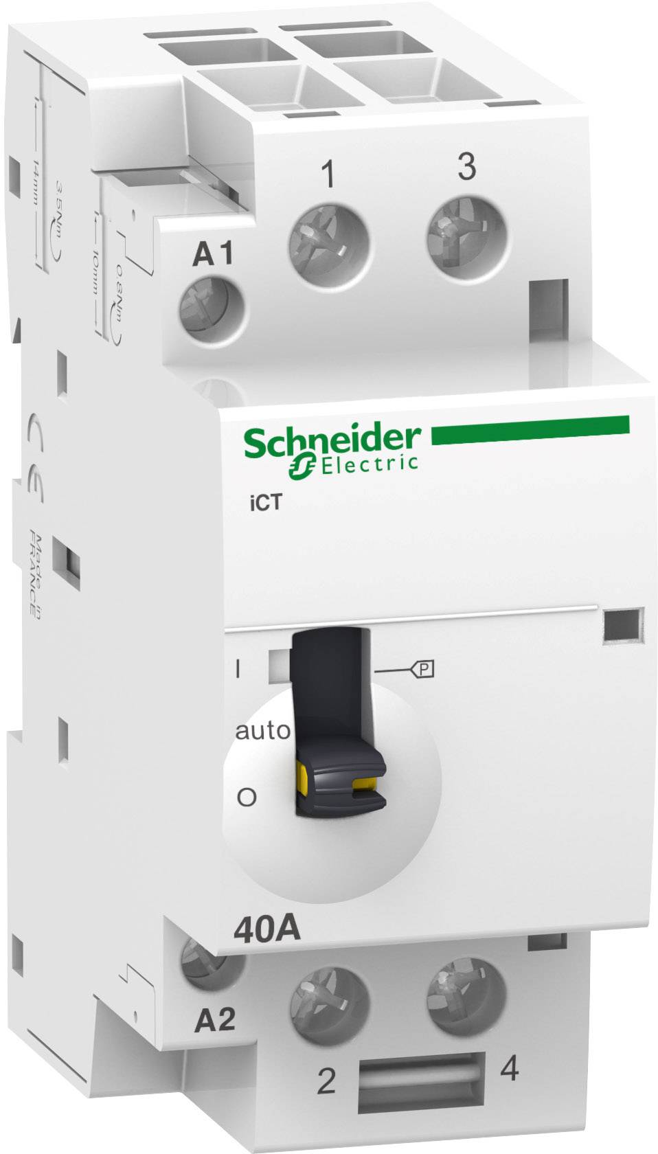 Ein weißer elektronischer Schalter mit der Aufschrift 'Schneider Electric', Modellauszeichnung 'iCT', und einem Hebel für automatische Steuerung.