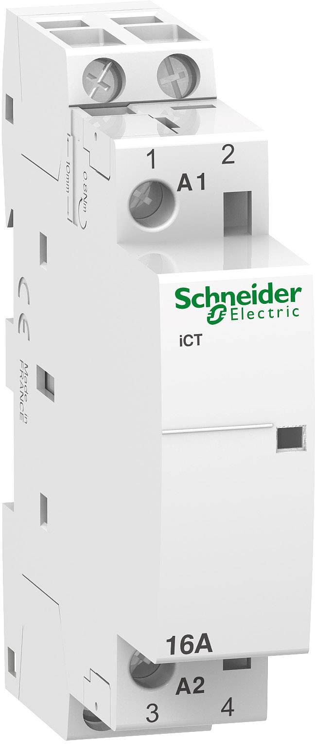 Elektrisches Schütz von Schneider Electric mit 16A Kapazität, Modell iCT, zeigt Anschlüsse oben und unten.