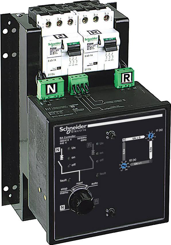Ein elektrischer Schalter von Schneider Electric mit mehreren Schaltern und einem großen Drehknopf. Oben sind zwei grüne Klemmen mit 'N' und 'R' gekennzeichnet.