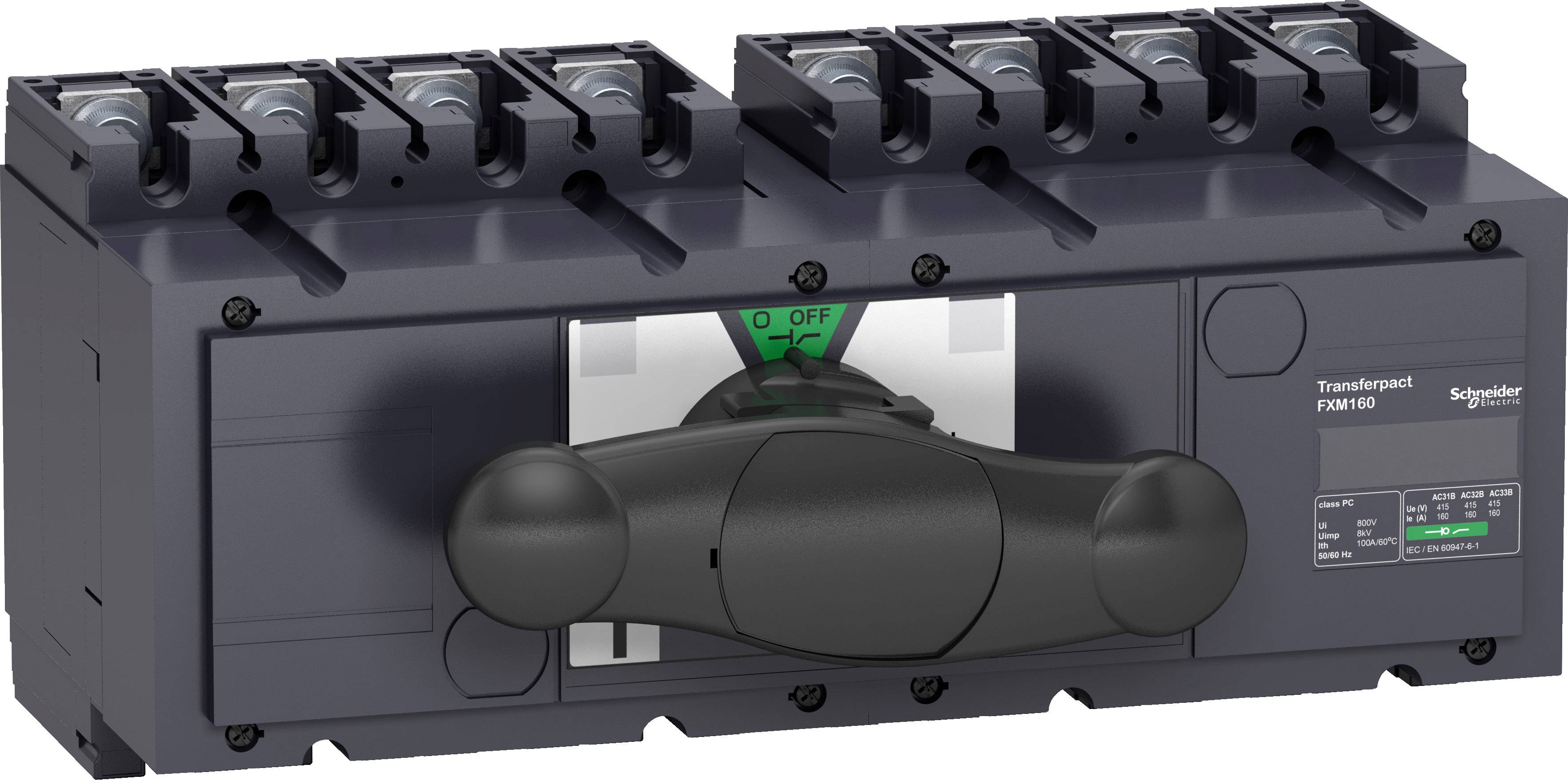 Schwarzer Transferschalter von Schneider Electric, Modell TGM160. Markierungen: 'ON' und 'OFF'. Hauptfunktion: Umschalten elektrischer Verbindungen.
