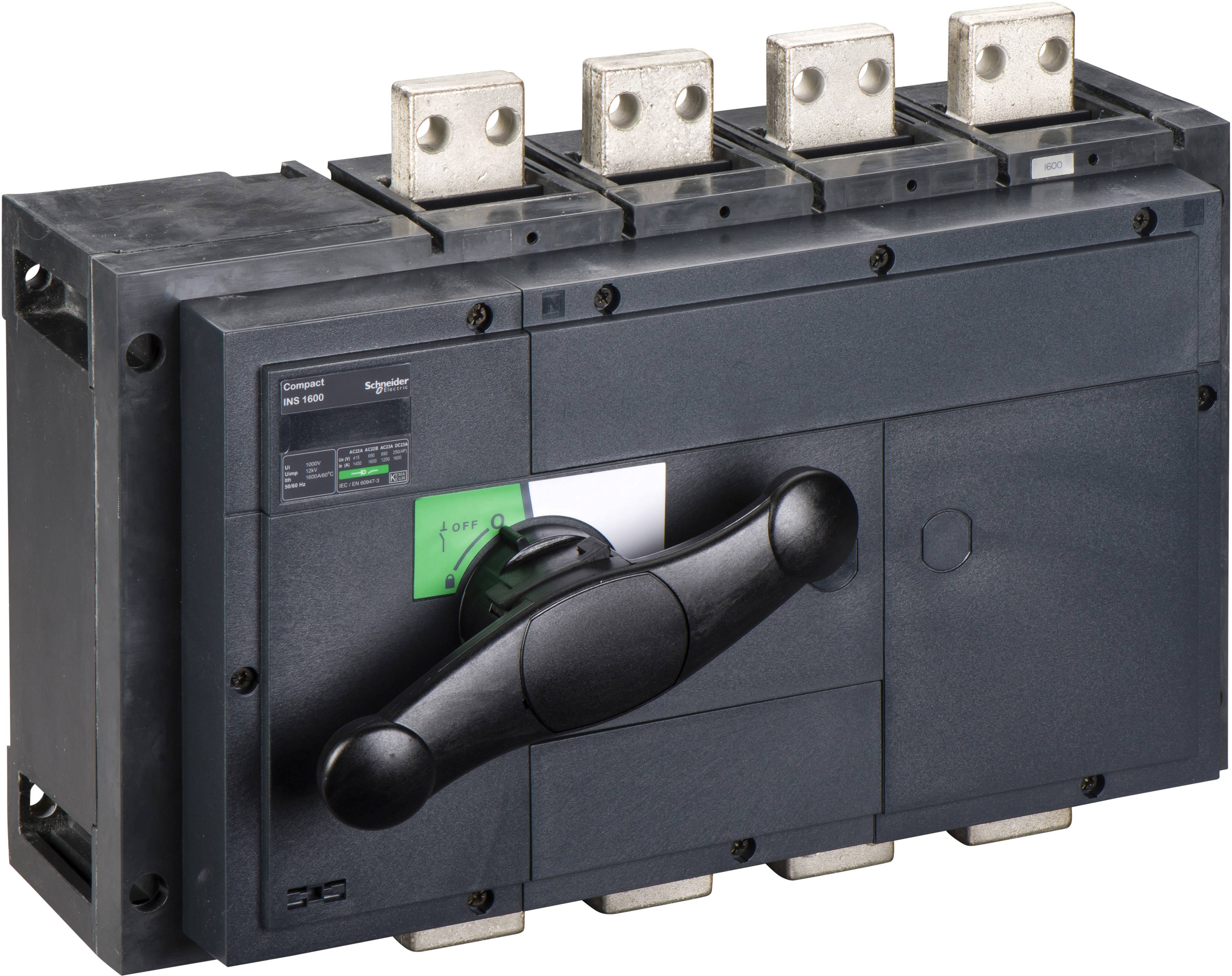 Ein schwarzer Leistungsschalter mit drehbarem Griff, der auf 'Aus' zeigt. Oben sind vier Metallkontakte sichtbar.