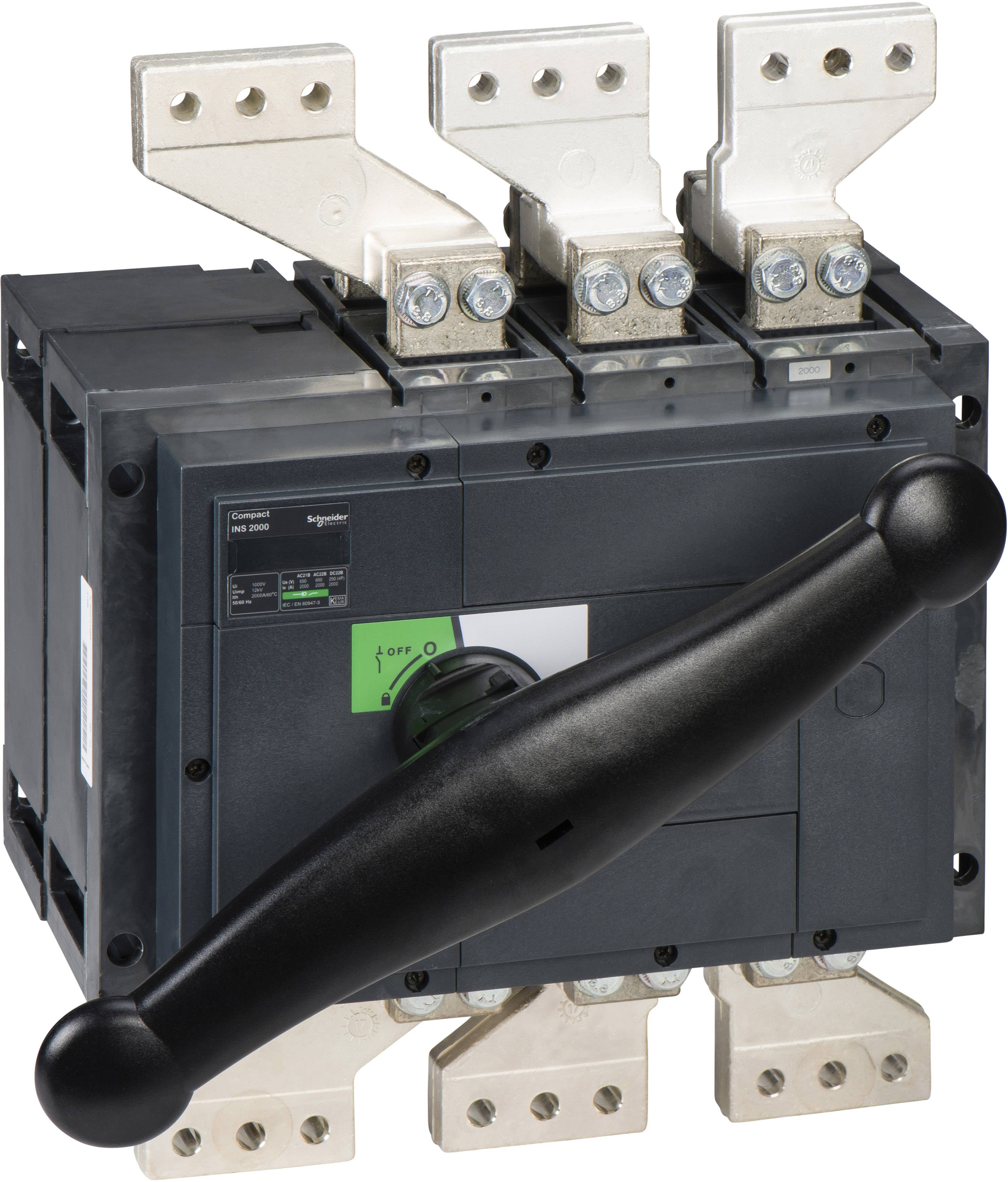 Schwarzer Industrieschalter mit großem Griff, montiert auf silbernen Metallkontakten. Etikett mit 'OFF - O - ON'.