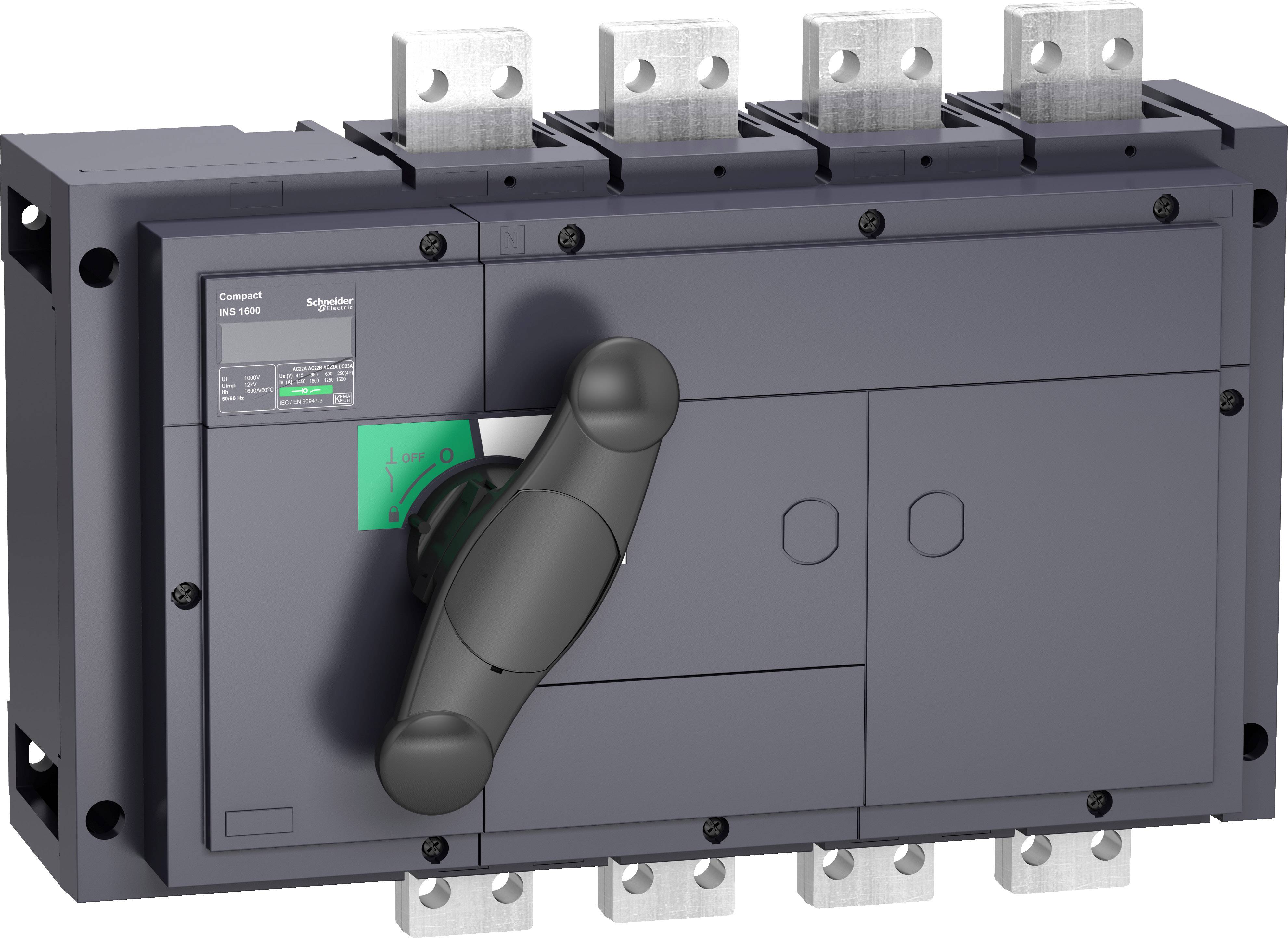 Leistungsstarker Industrieschalter in grau mit schwarzem Handhebel, markiert mit 'Schneider Electric'. Vier Anschlüsse oben sichtbar.