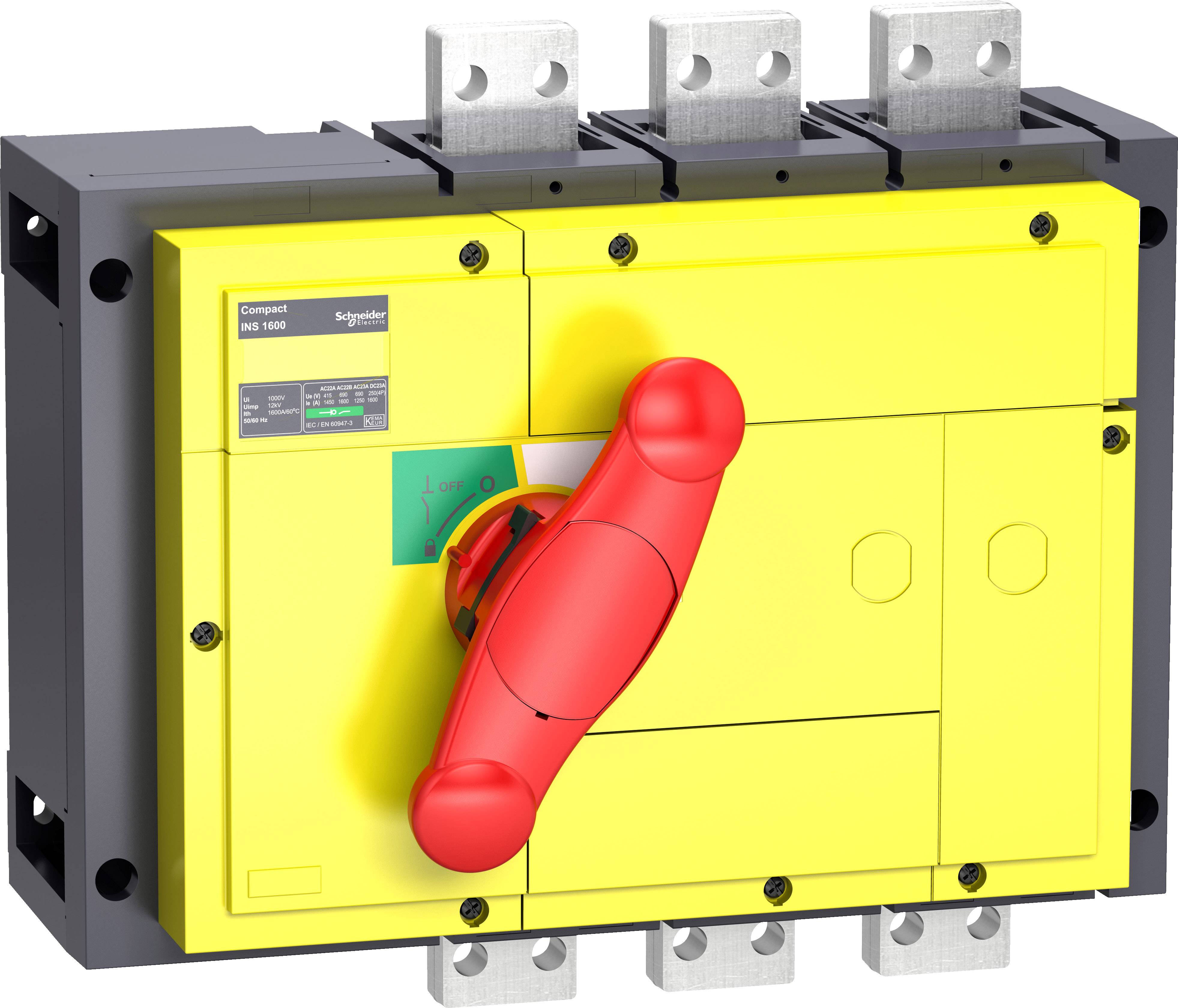 Ein gelber Netztrennschalter mit einem großen roten Griff, montiert auf einer elektrischen Schalttafel, zeigt 'Ein' oder 'Aus'.
